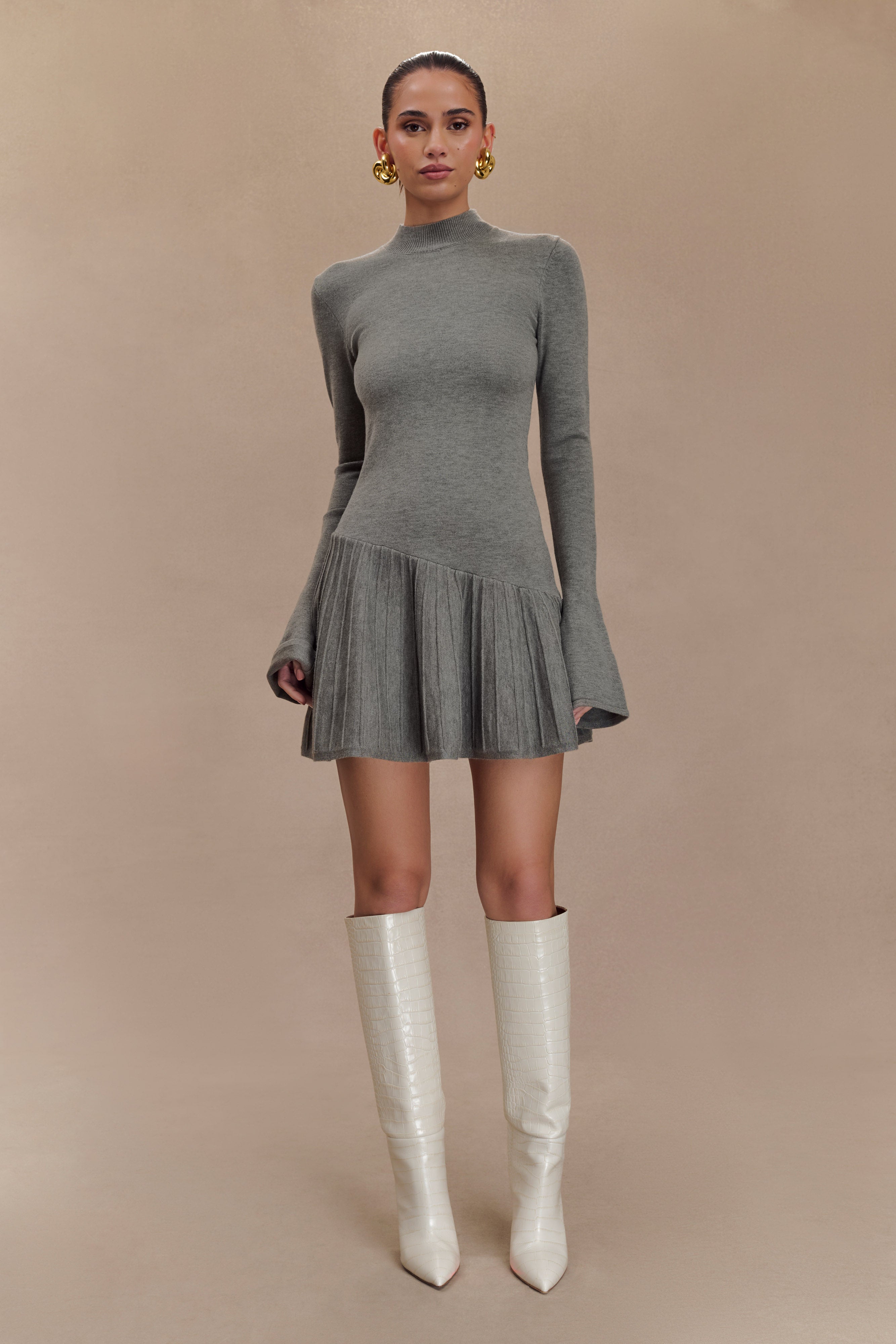Blair Knit Mini Dress With Pleats - Charcoal | MESHKI UK
