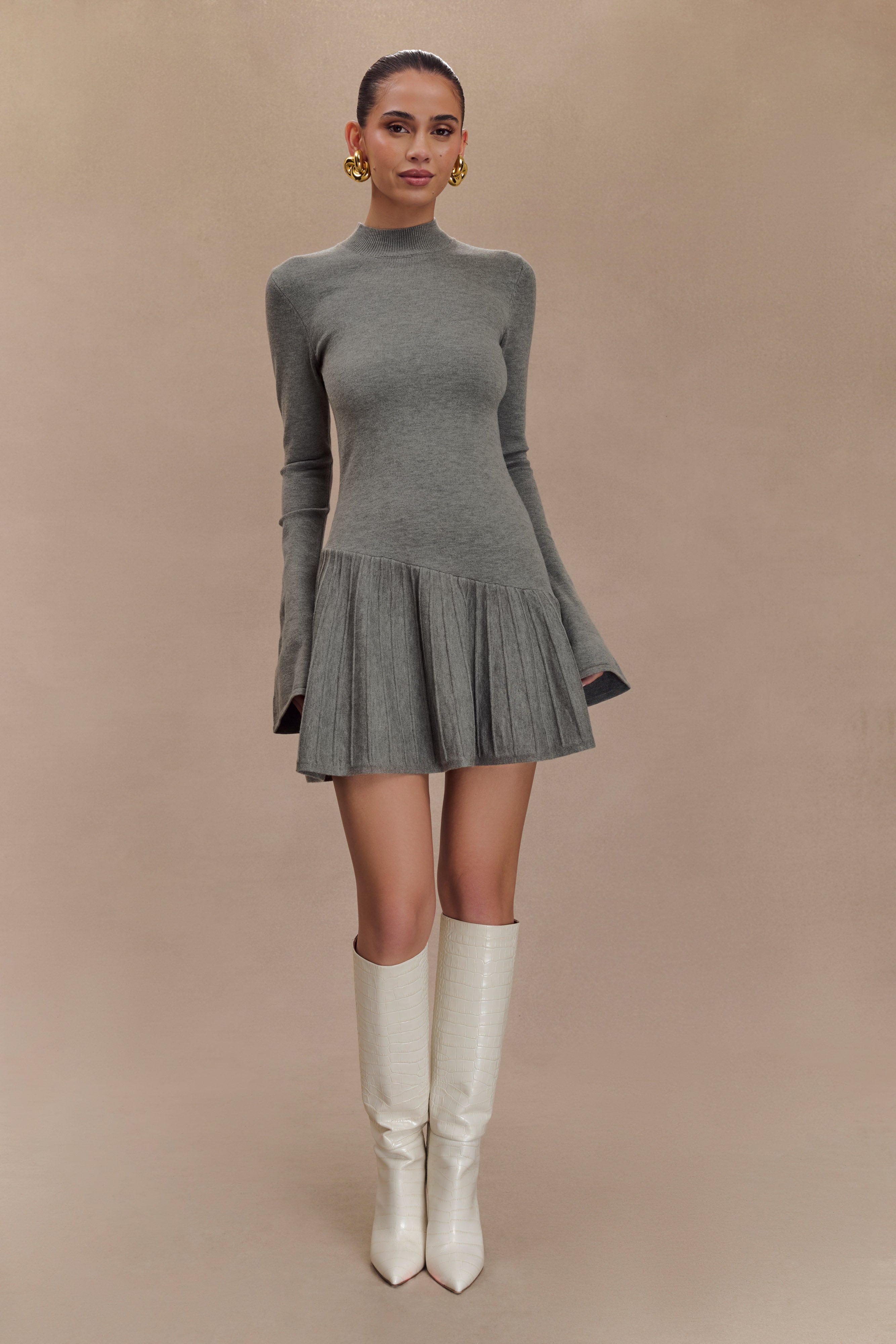 Blair Knit Mini Dress With Pleats - Charcoal | MESHKI UK