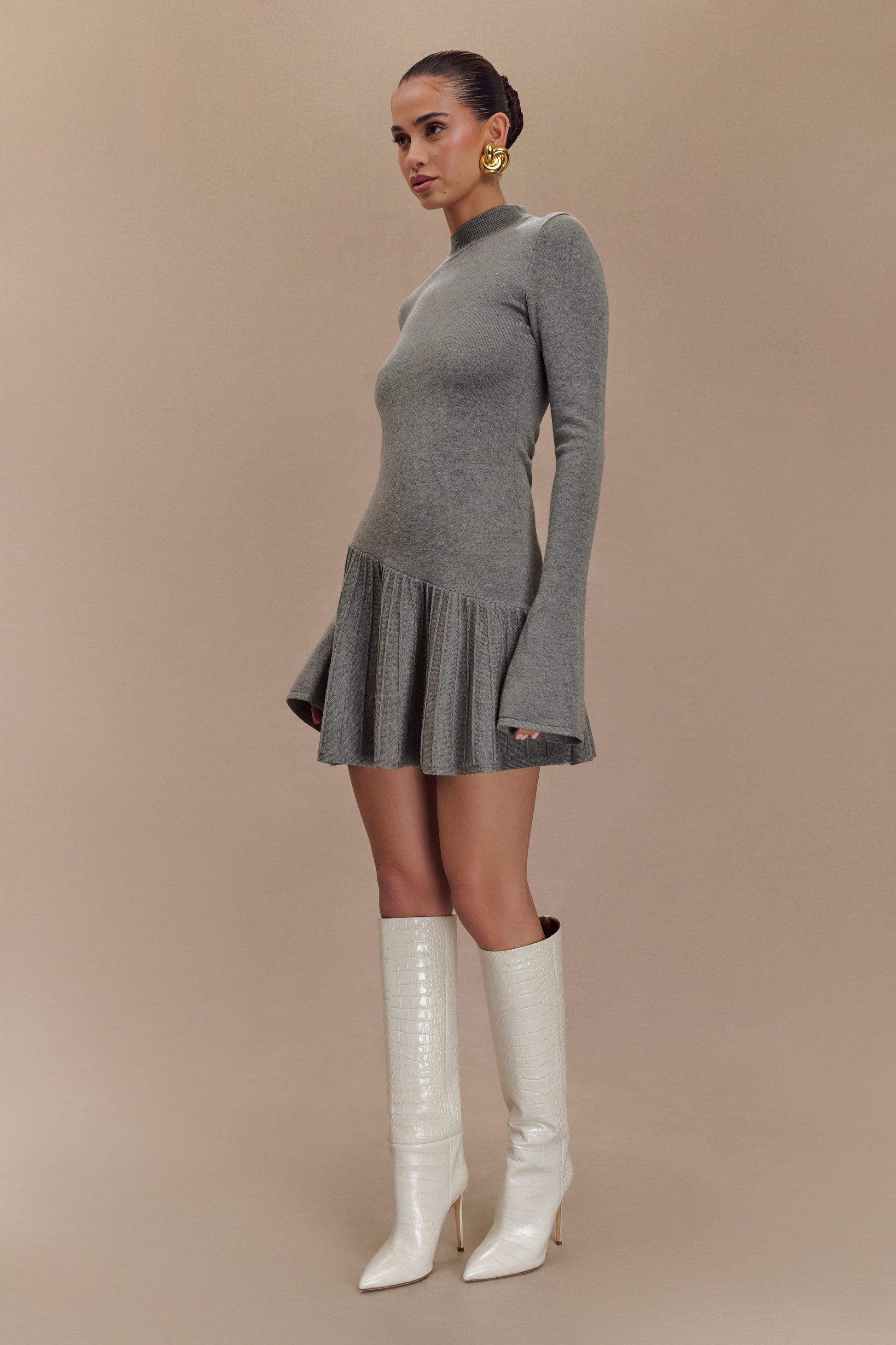 Blair Knit Mini Dress With Pleats - Charcoal | MESHKI UK Blair Knit Mini Dress With Pleats - Charcoal | MESHKI UK