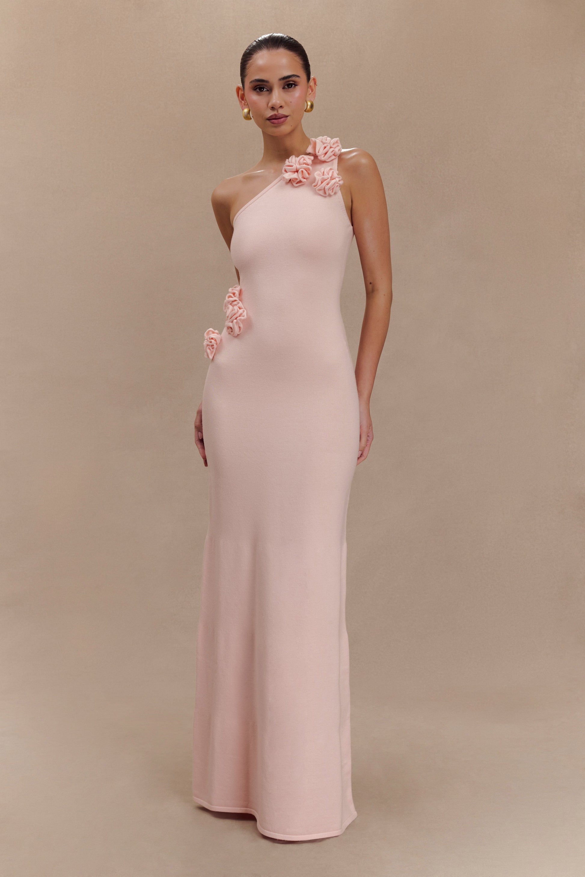 Paloma One Shoulder Knit Maxi Dress With Flowers - Baby Pink #5