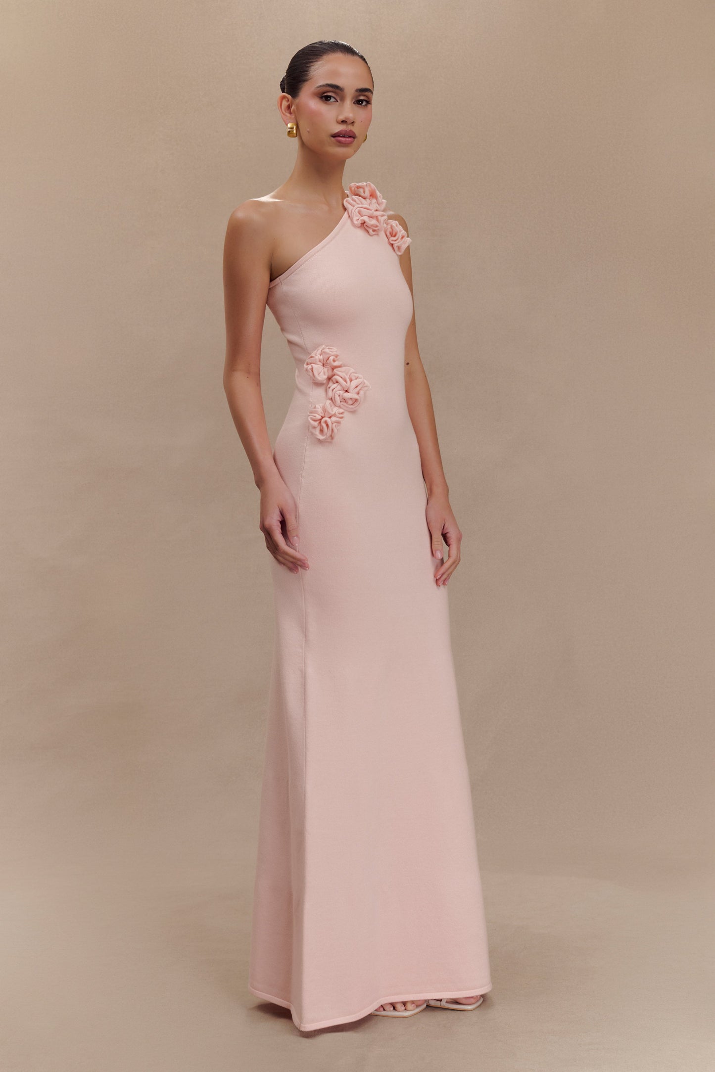 Paloma One Shoulder Knit Maxi Dress With Flowers - Baby Pink