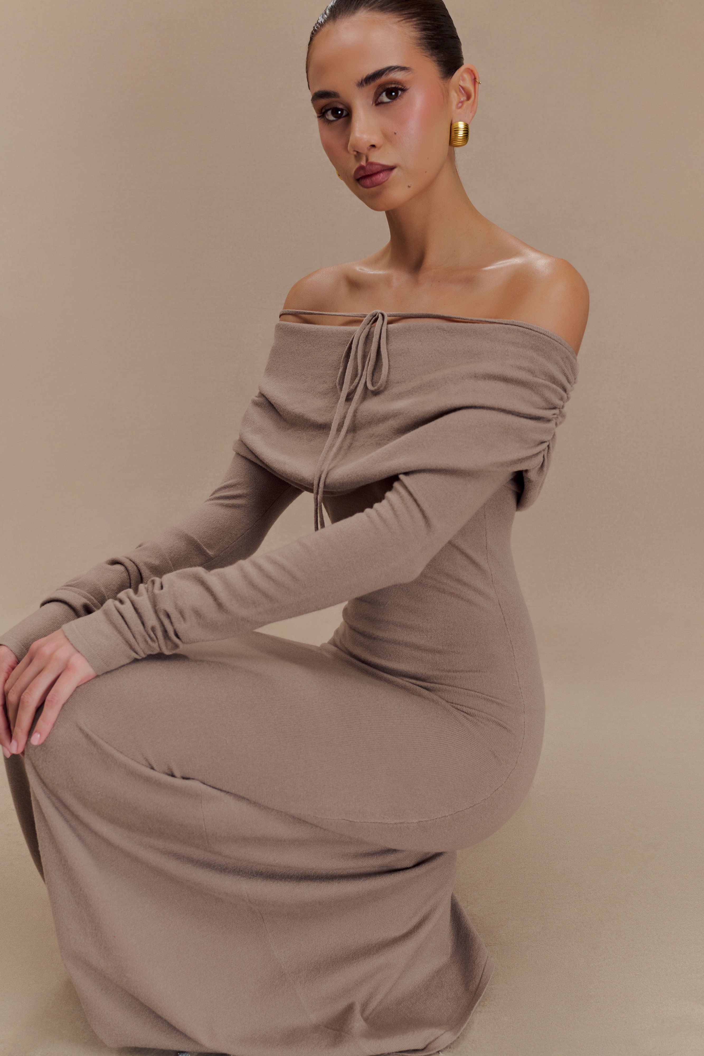 Georgiana Off Shoulder Knit Midi Dress Stone Marle MESHKI UK