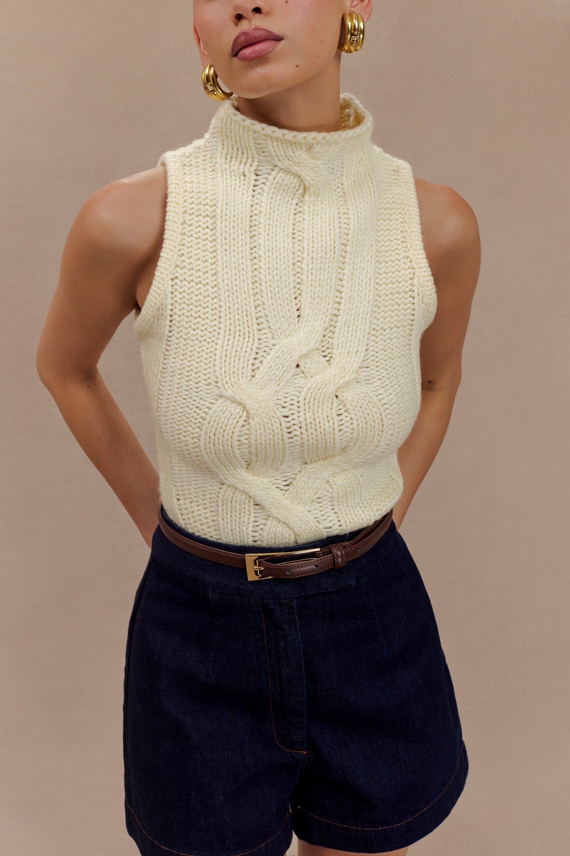 Roberta High Neck Cable Knit Top - Ivory #9