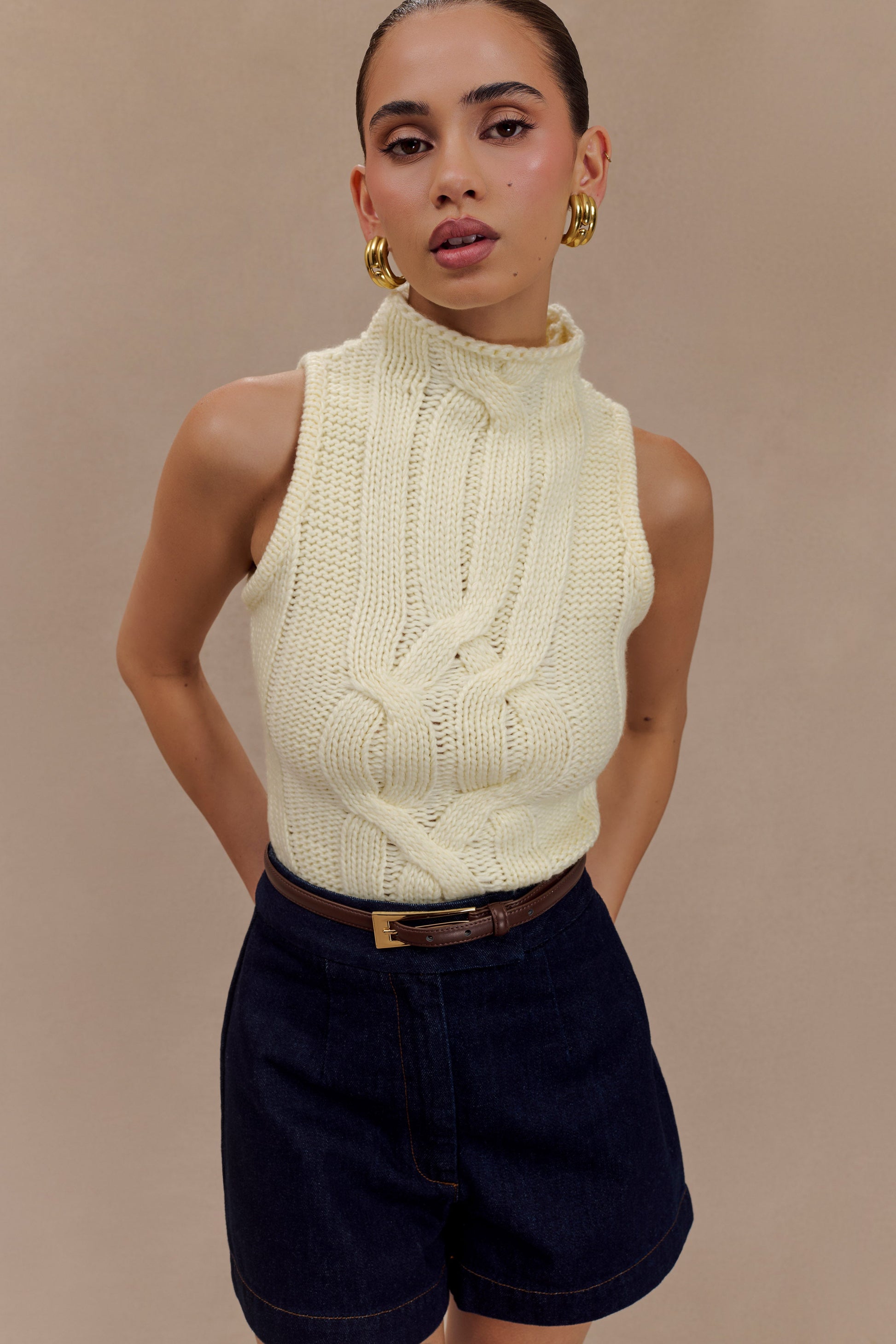 Roberta High Neck Cable Knit Top - Ivory #8