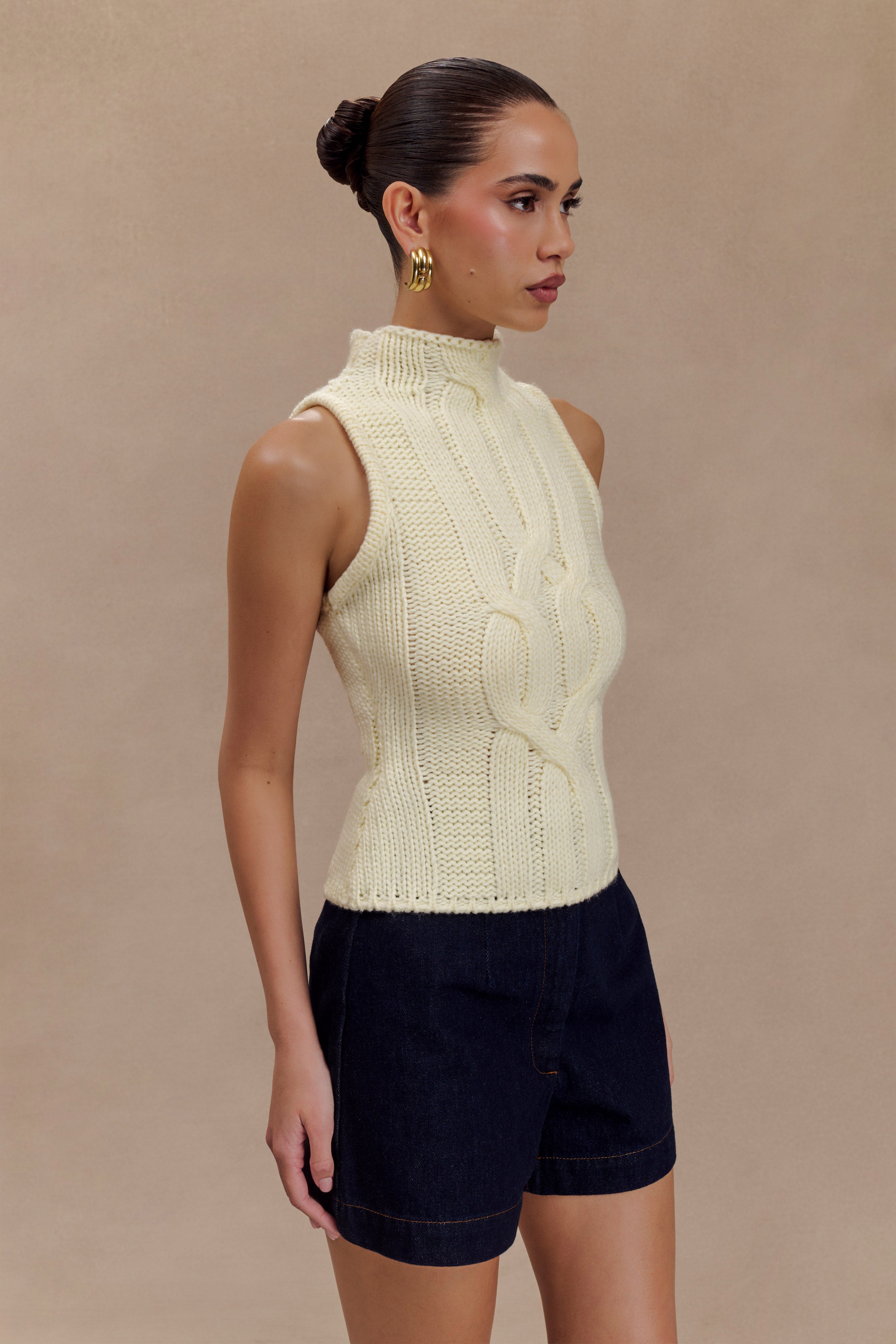 Roberta High Neck Cable Knit Top - Ivory | MESHKI UK