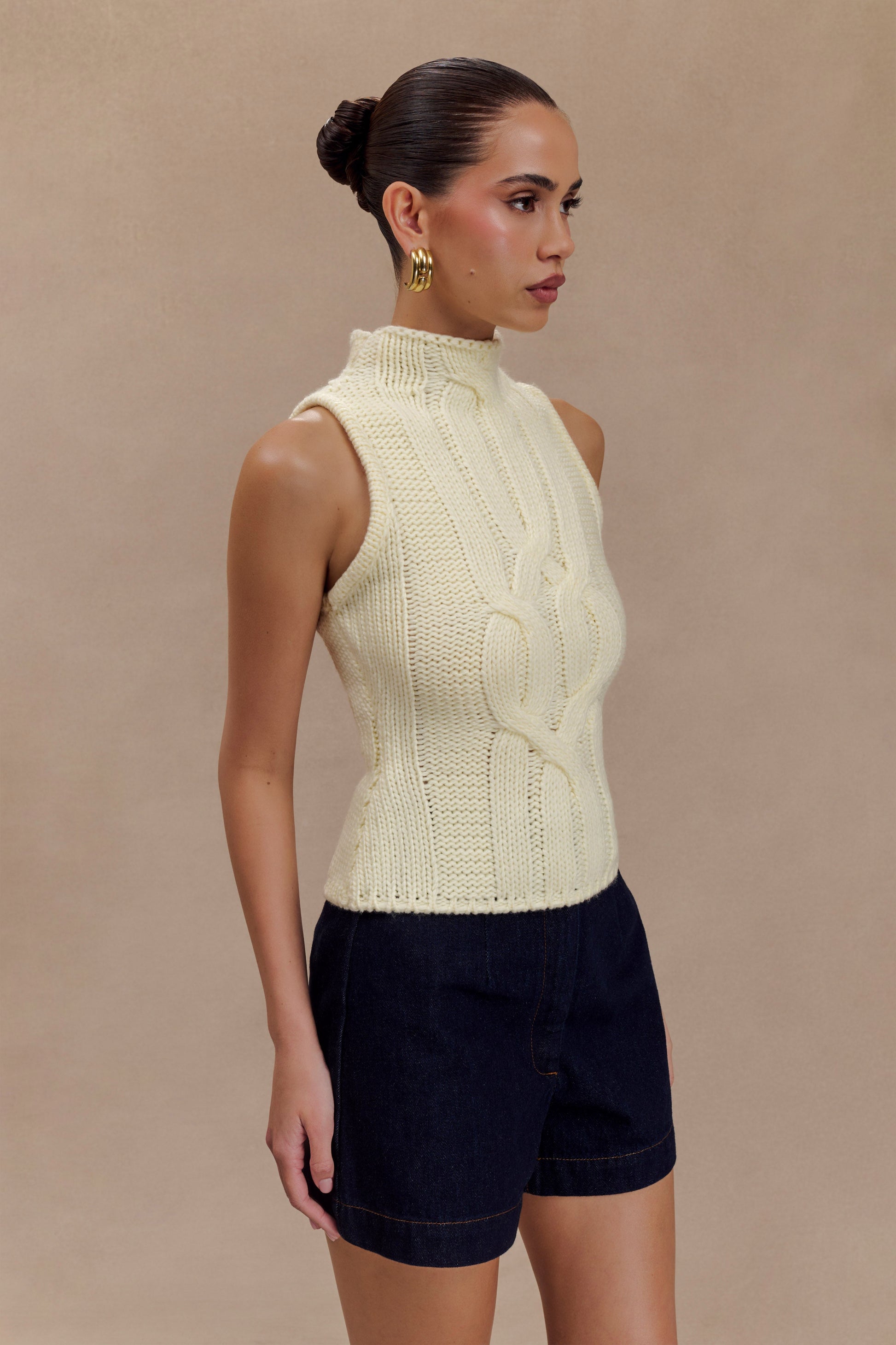 Roberta High Neck Cable Knit Top - Ivory #3