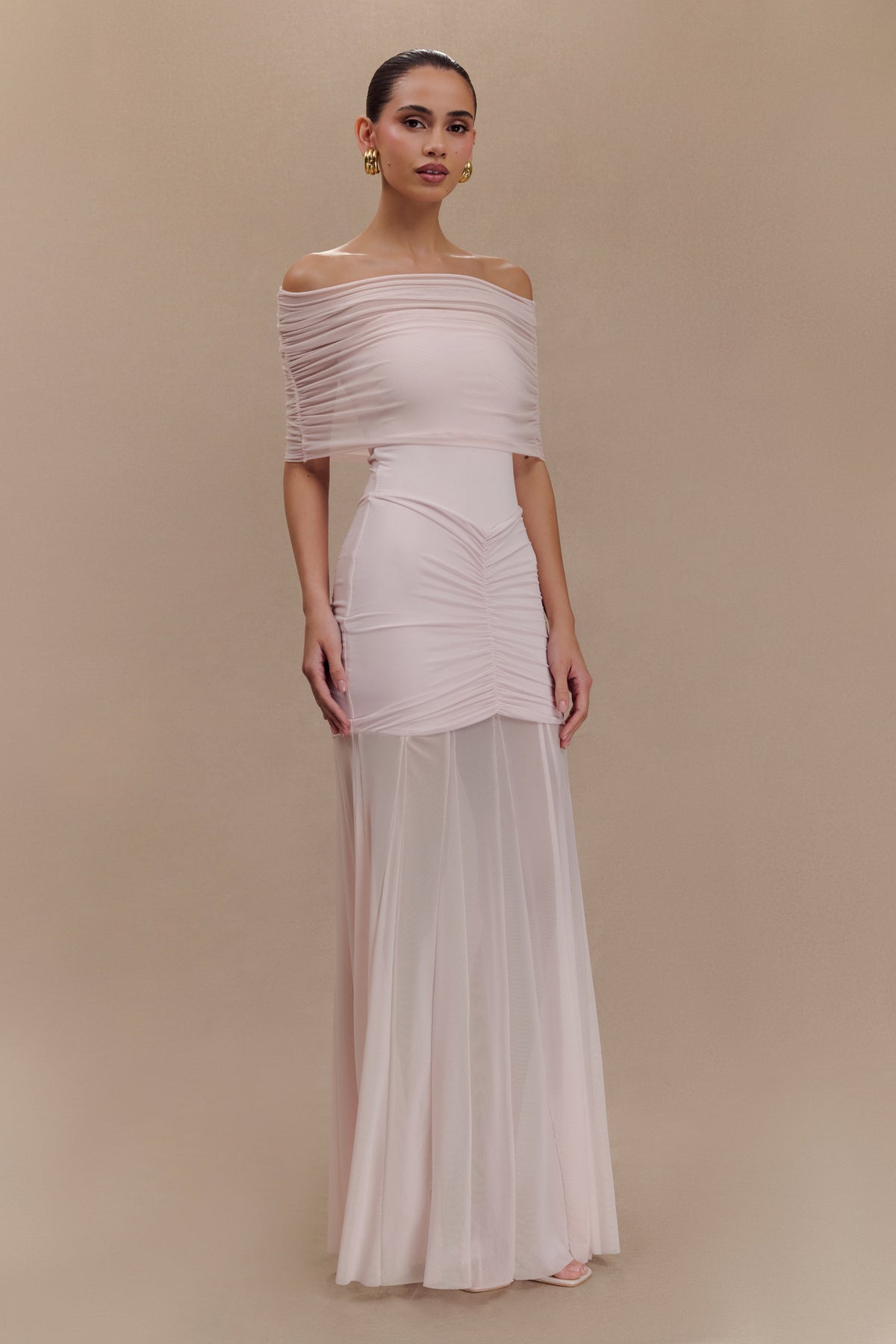 Caspian Slinky And Mesh Off Shoulder Maxi Dress - Pale Pink #5