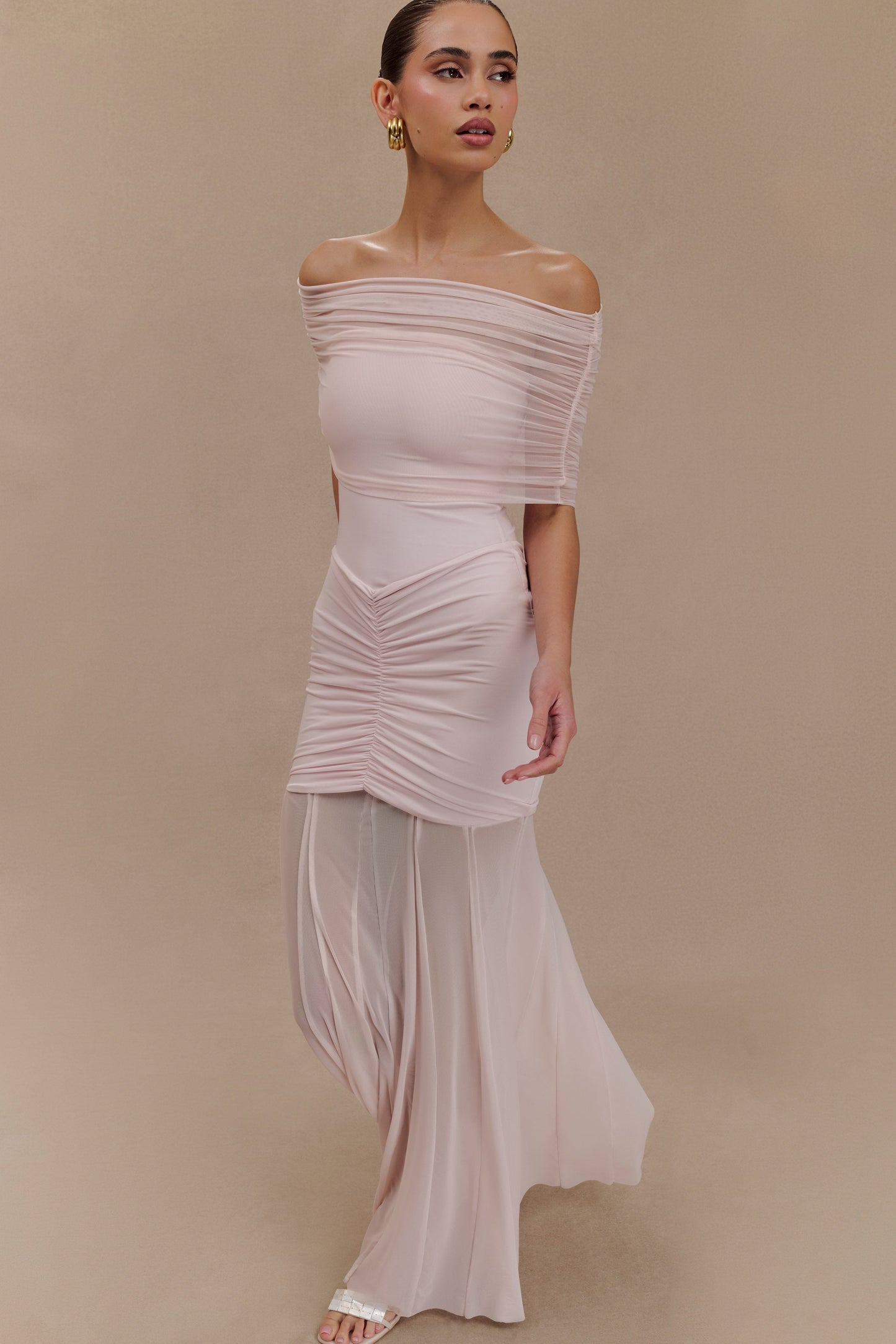 Caspian Slinky And Mesh Off Shoulder Maxi Dress - Pale Pink