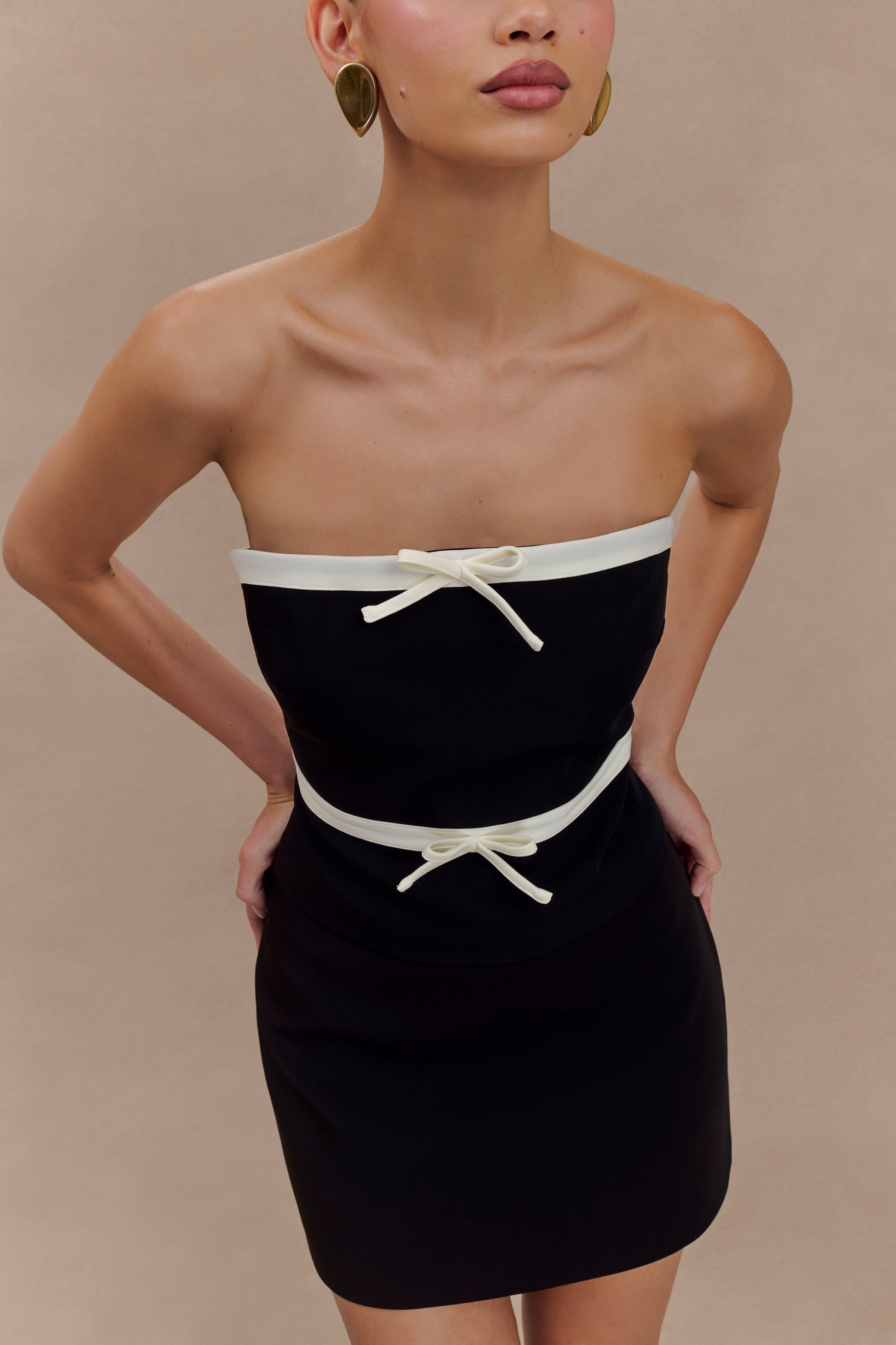 Aisha Strapless Suiting Top With Contrast Bows - Black & White #7