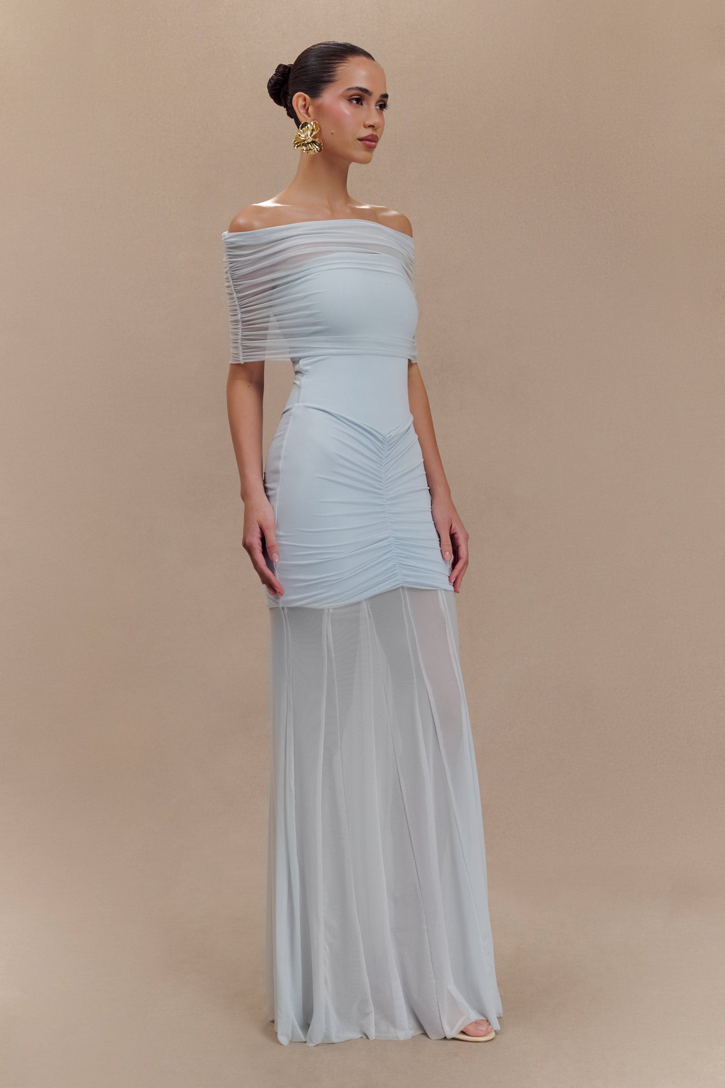 Caspian Slinky And Mesh Off Shoulder Maxi Dress - Pale Blue