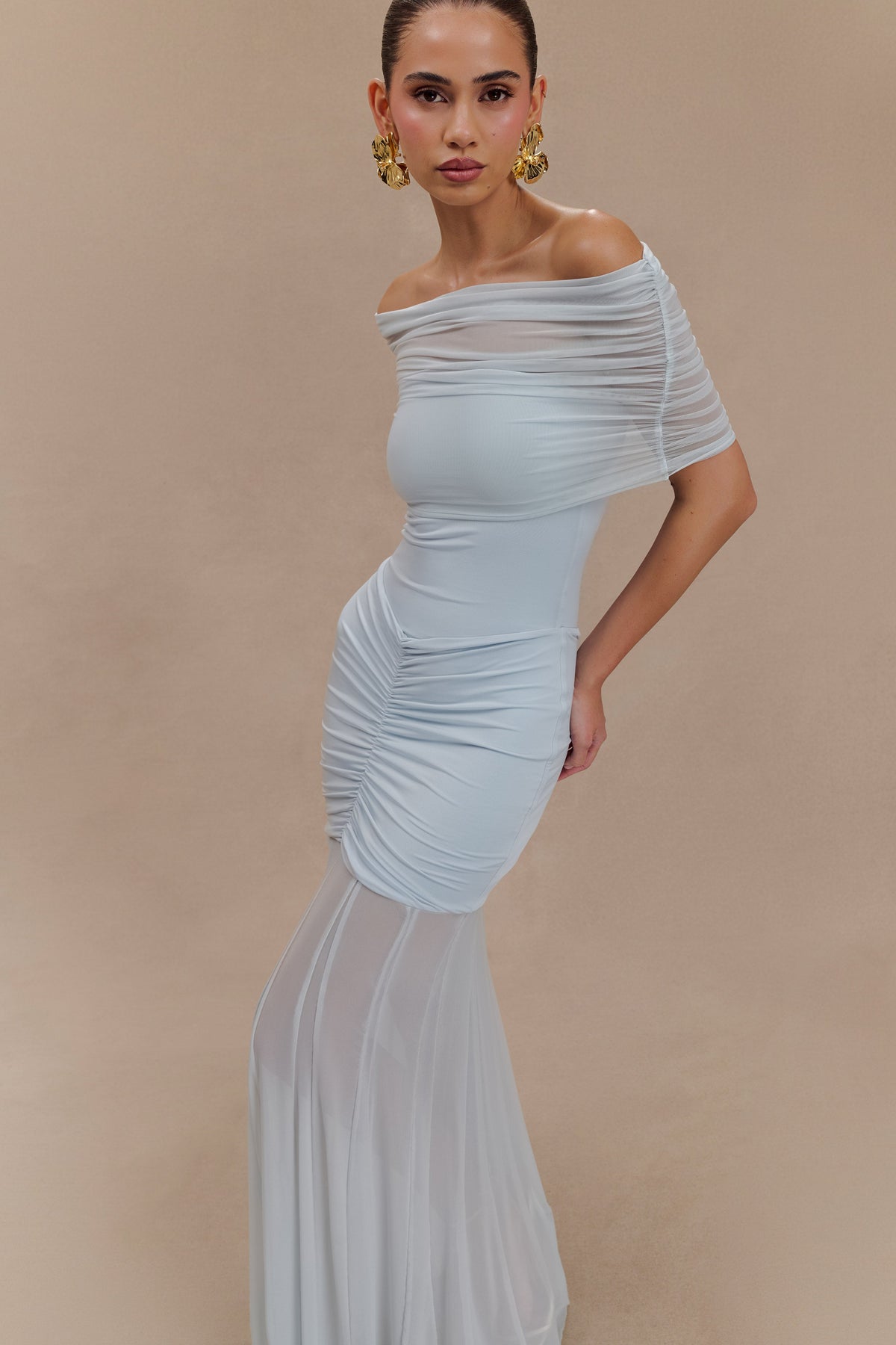 Caspian Slinky And Mesh Off Shoulder Maxi Dress - Pale Blue #3