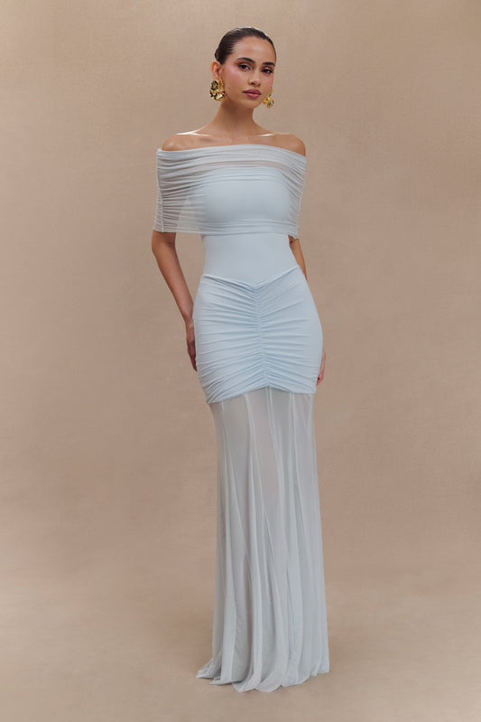 Caspian Slinky And Mesh Off Shoulder Maxi Dress - Pale Blue