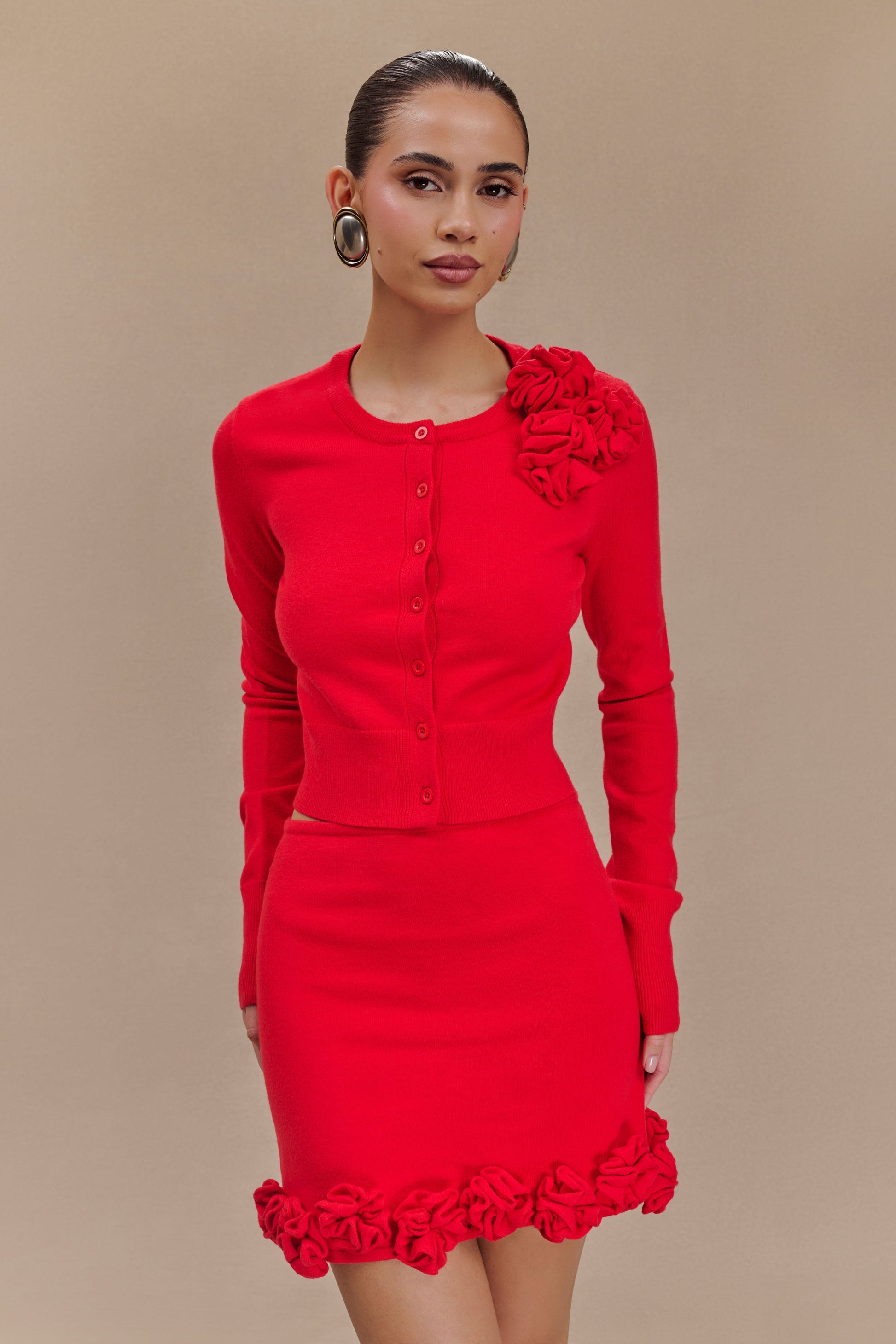 Gianna Knit Cardigan With Flowers - Red #4