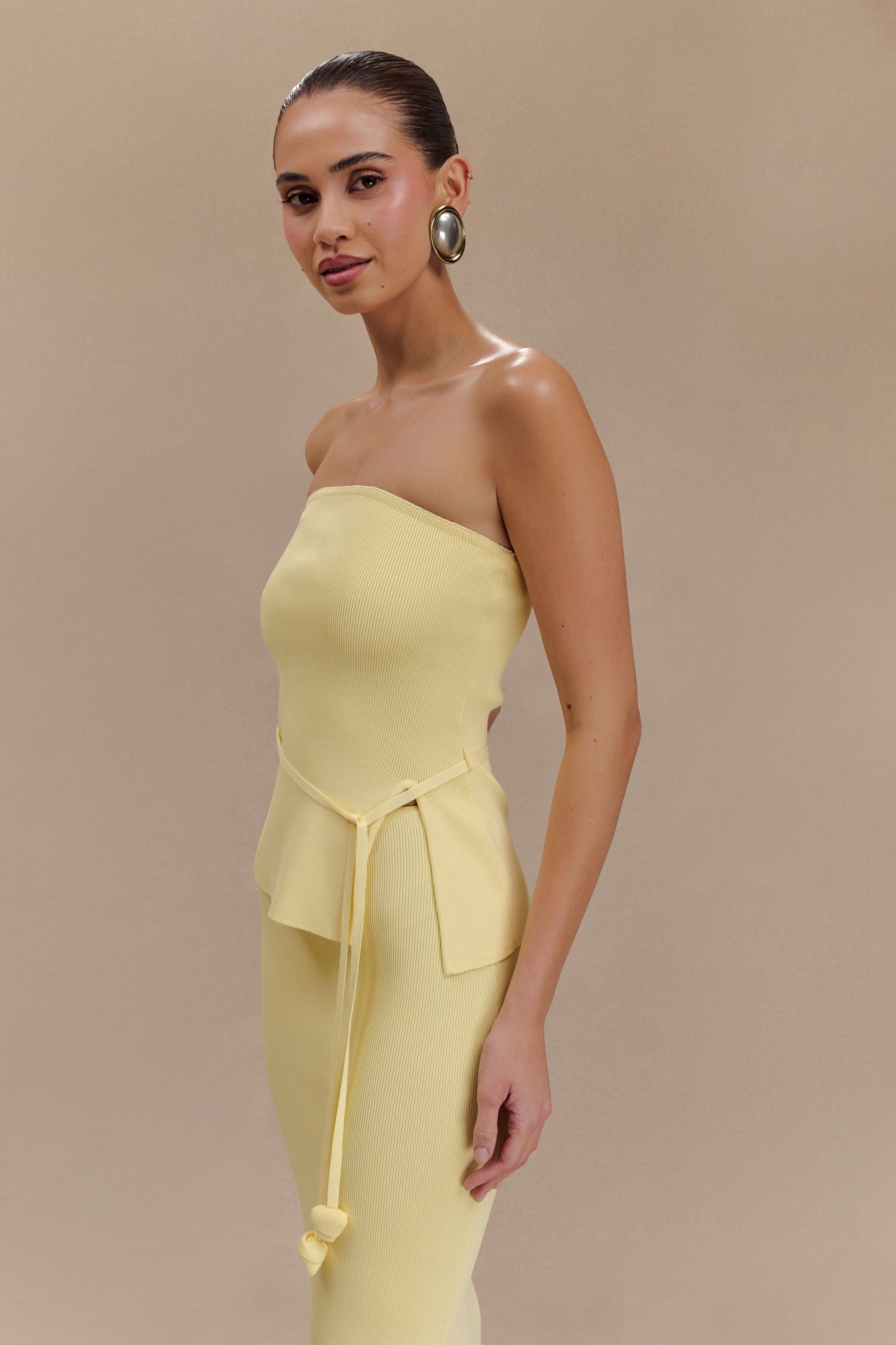 Keaton Strapless Rose Tie Knit Top - Lemon #3
