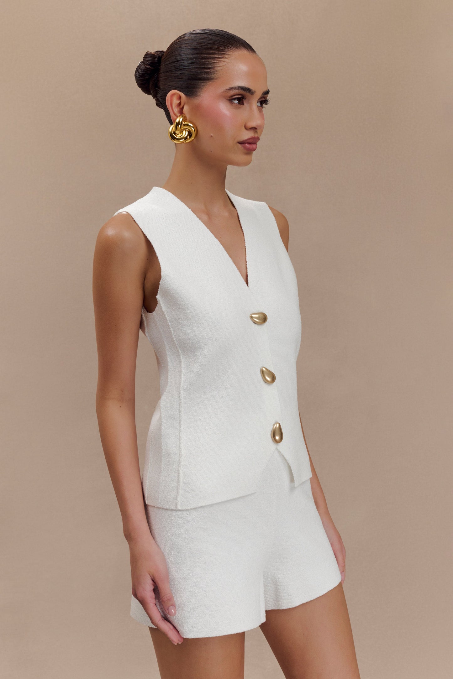 Malika Sleeveless Gold Button Vest - White