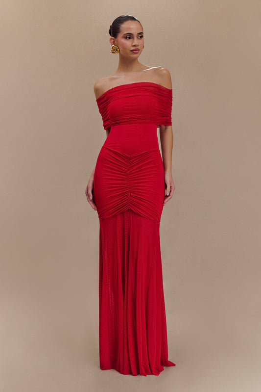 Caspian Slinky And Mesh Off Shoulder Maxi Dress - Ruby