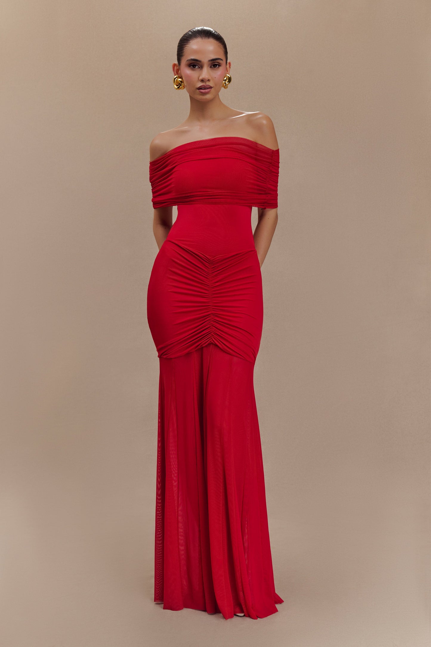 Caspian Slinky And Mesh Off Shoulder Maxi Dress - Ruby Red