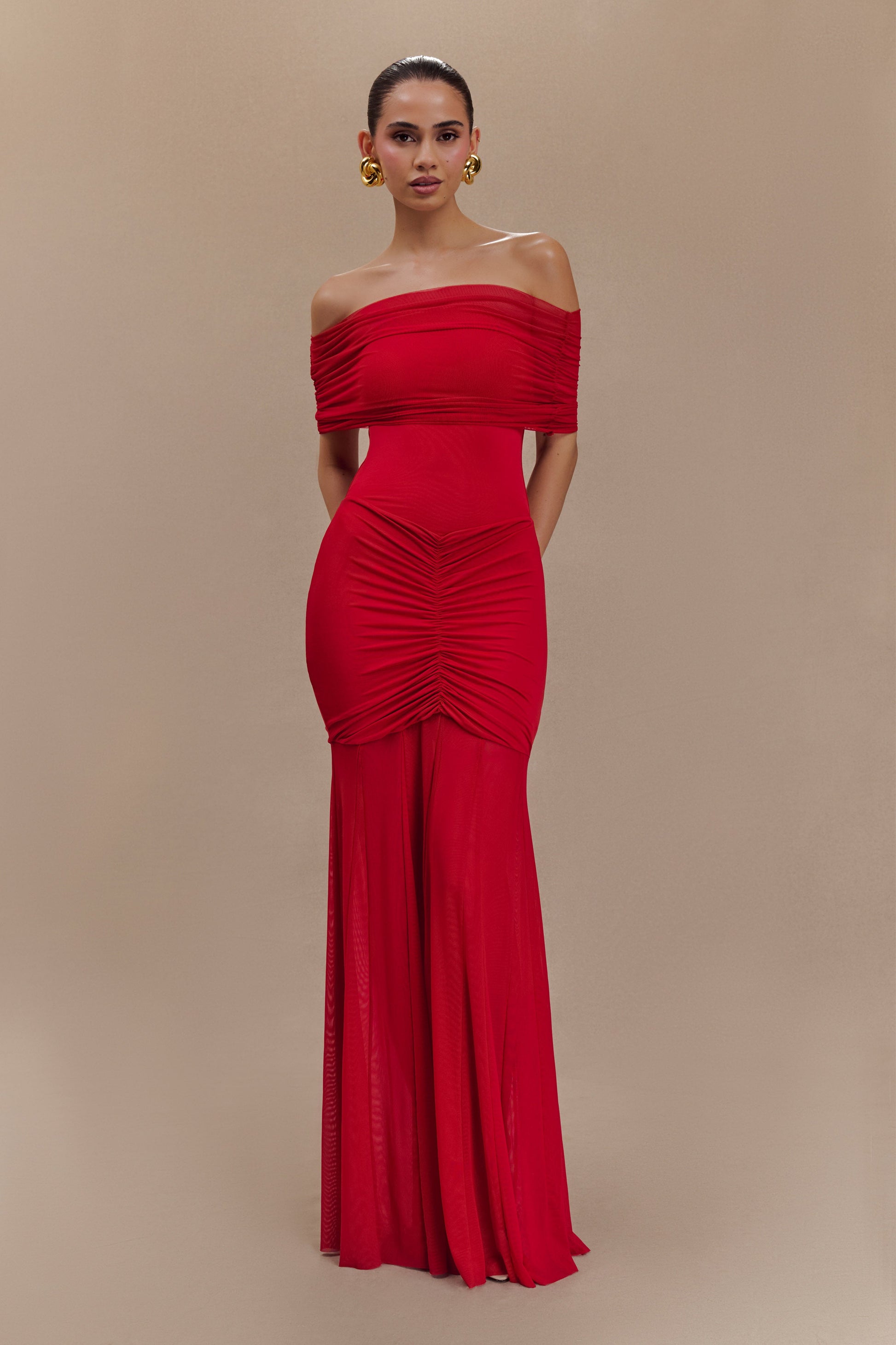 Caspian Slinky And Mesh Off Shoulder Maxi Dress - Ruby #4