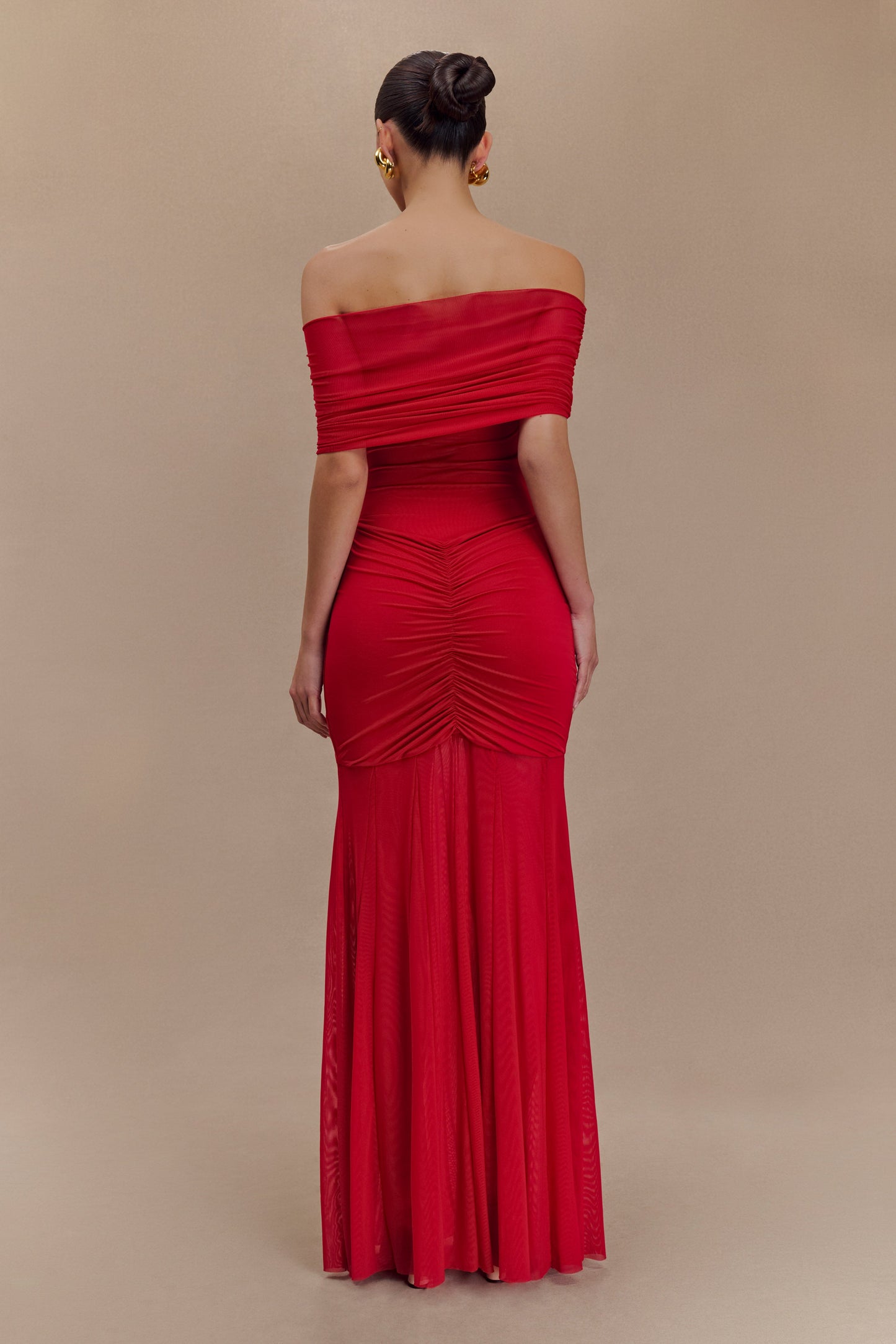 Caspian Slinky And Mesh Off Shoulder Maxi Dress - Ruby Red