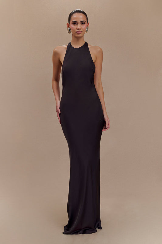 Rinna Satin Halter Maxi Dress - Black