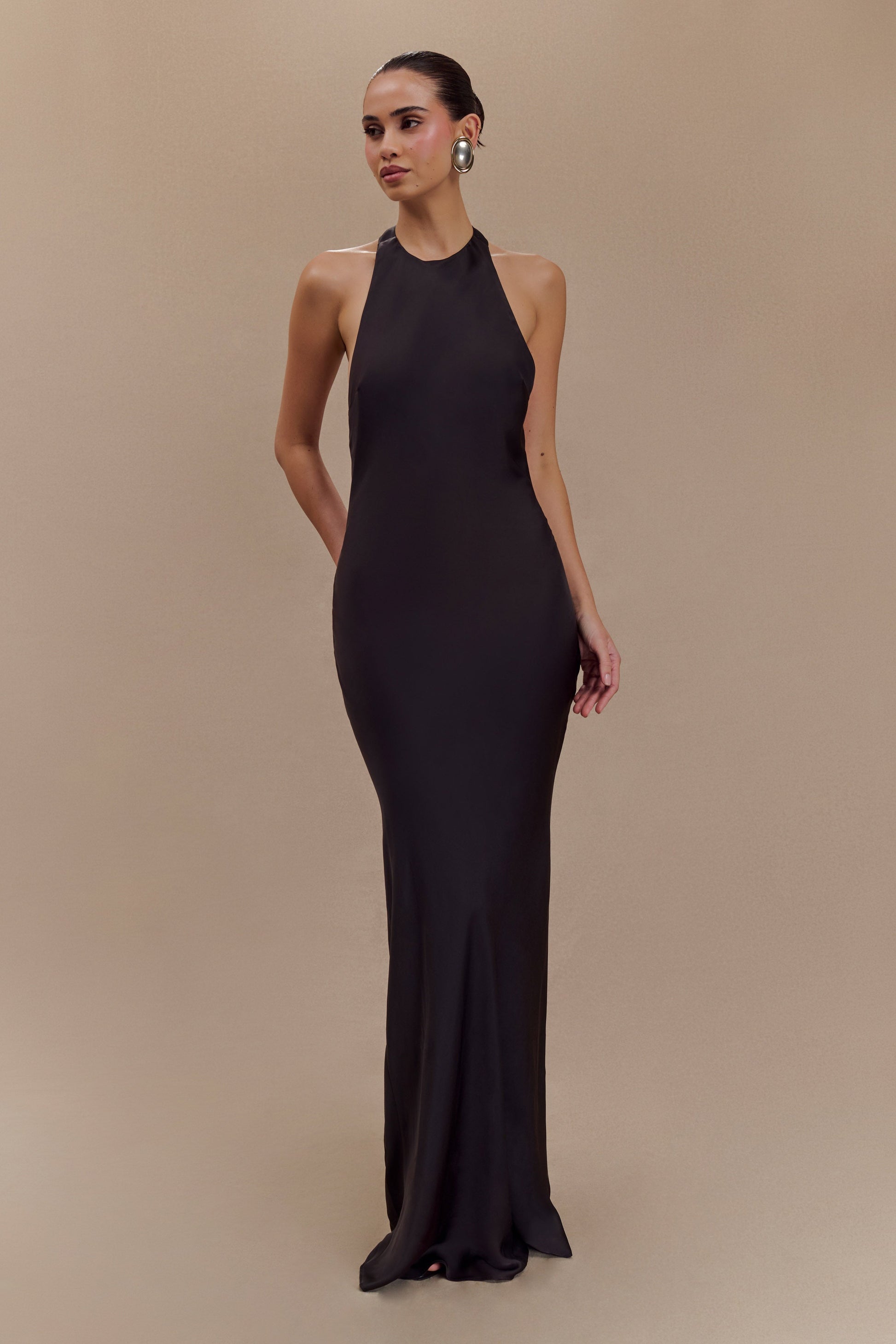 Rinna Satin Halter Maxi Dress - Black | MESHKI UK Rinna Satin Halter Maxi Dress - Black | MESHKI UK