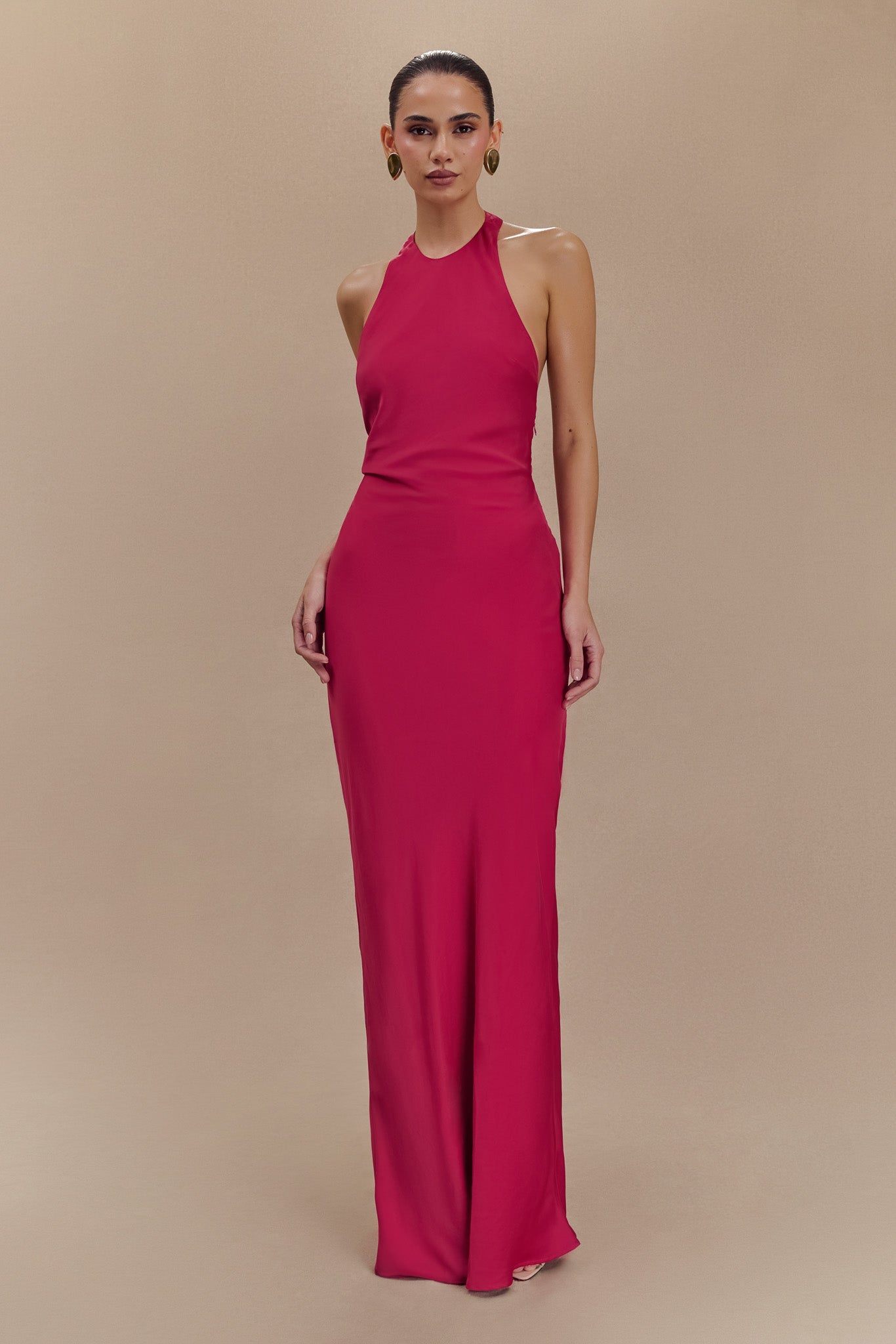 Rinna Satin Halter Maxi Dress - Pink Cherry