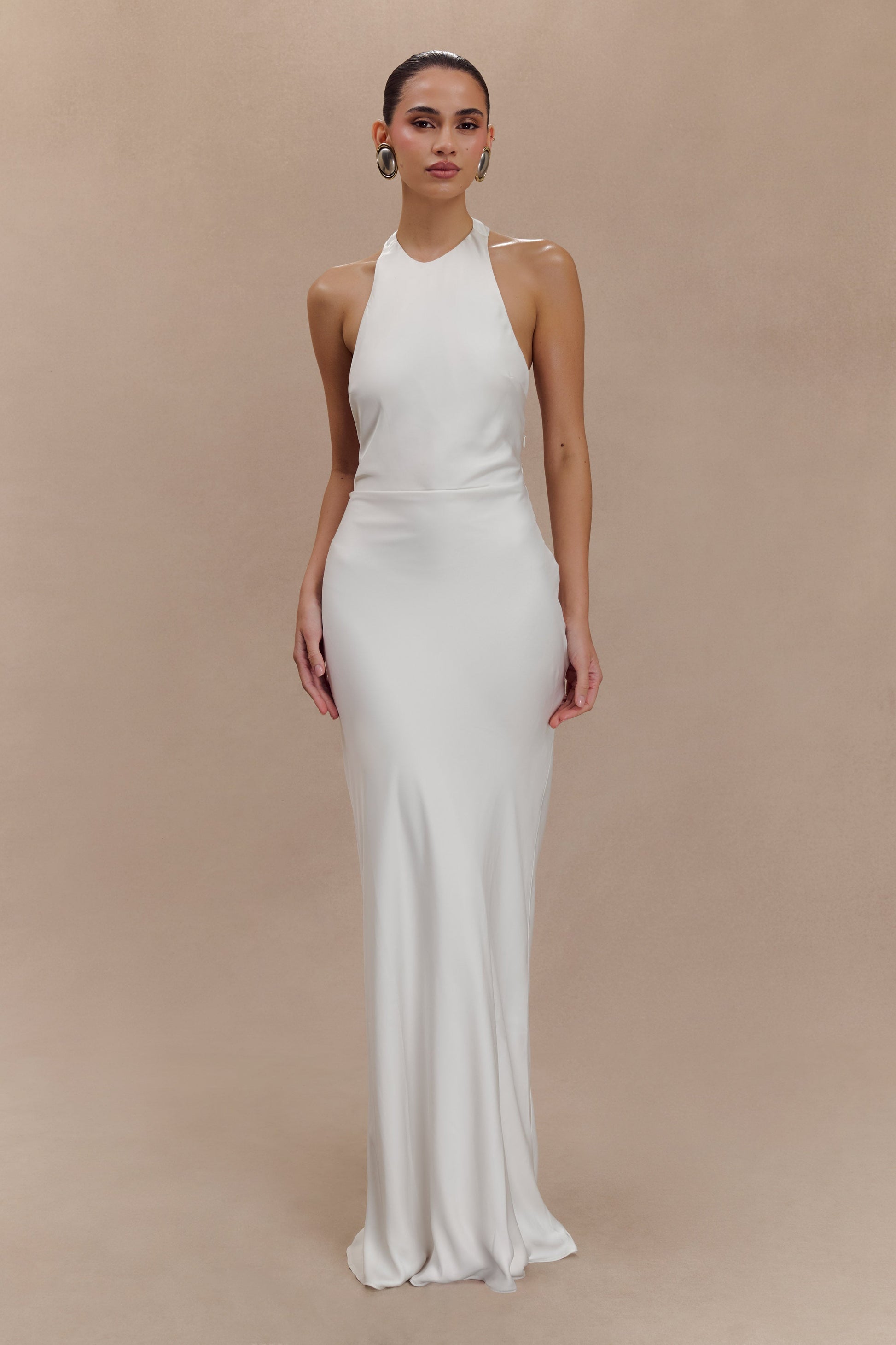 Rinna Satin Halter Maxi Dress - Ivory | MESHKI UK Rinna Satin Halter Maxi Dress - Ivory | MESHKI UK