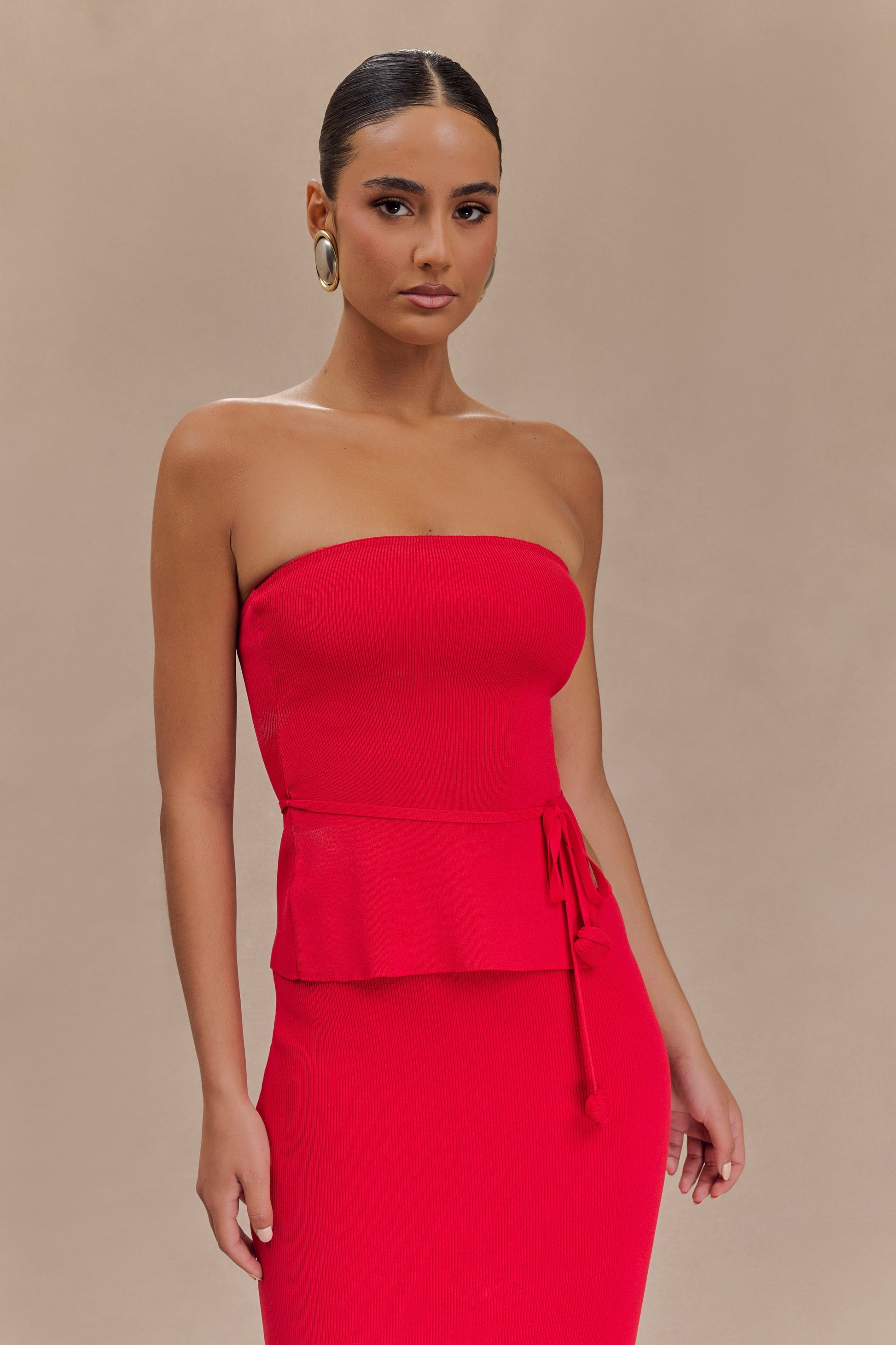 Keaton Strapless Rose Tie Knit Top - Red #2