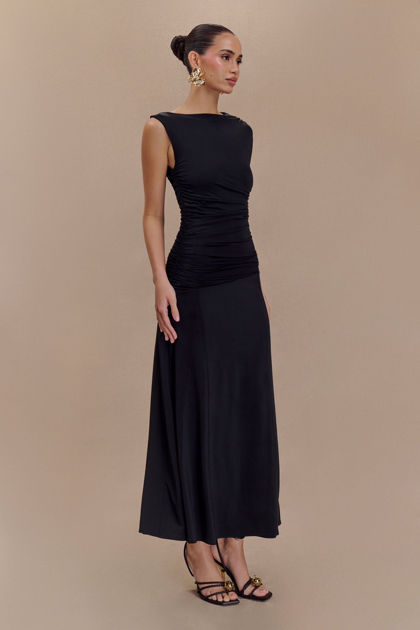 Navanna Asymmetric Slinky Midi Dress - Black