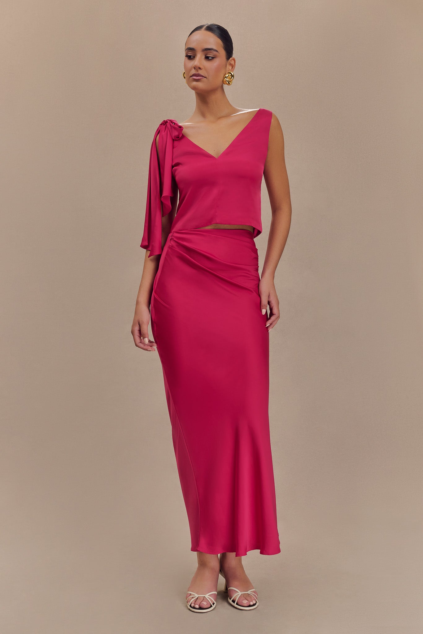 Nicola Satin Asymmetric Maxi Skirt - Pink Cherry #5