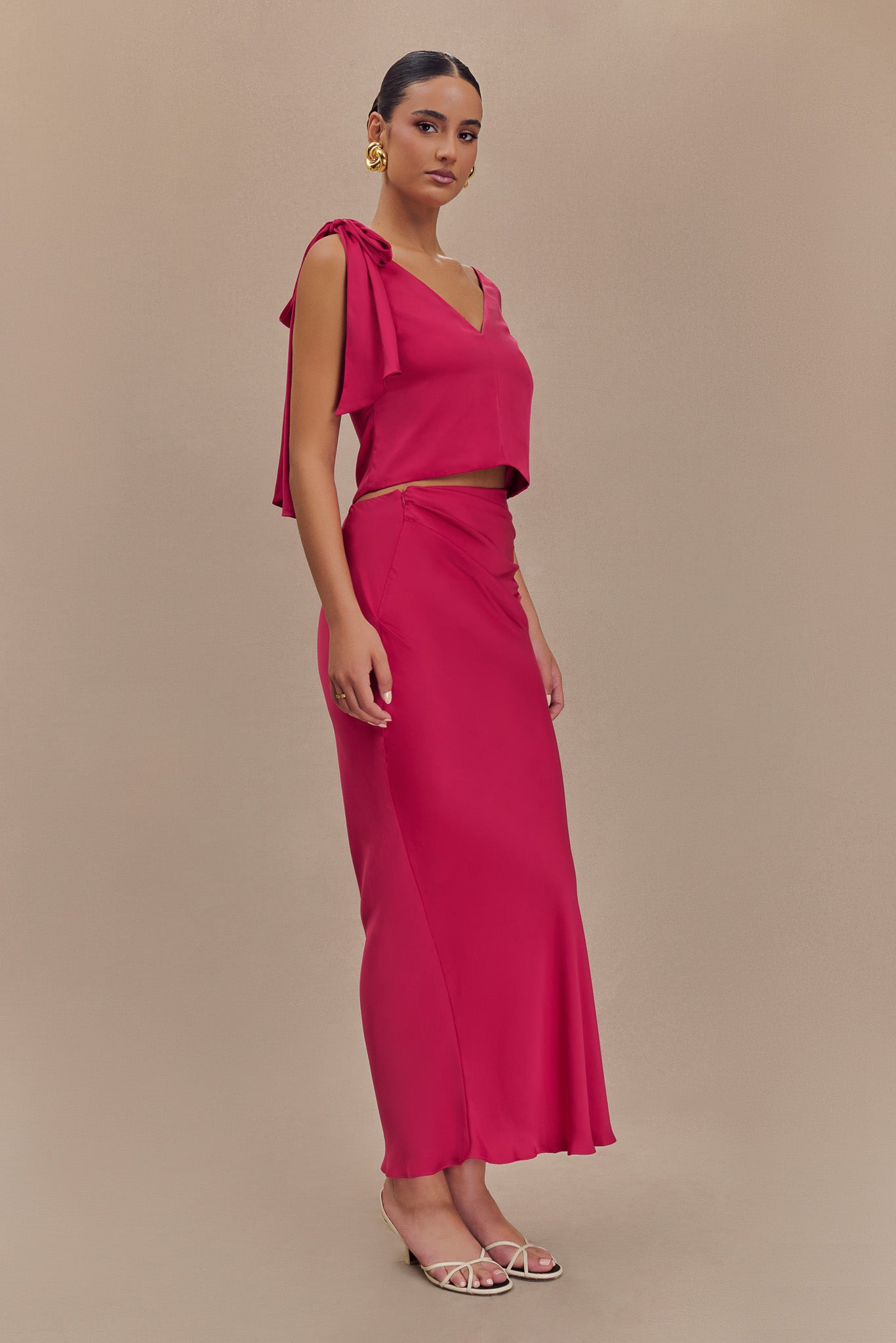 Nicola Satin Asymmetric Maxi Skirt - Pink Cherry