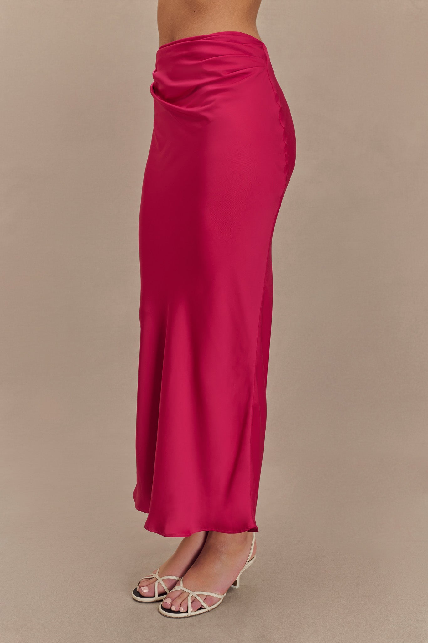 Nicola Satin Asymmetric Maxi Skirt - Pink Cherry