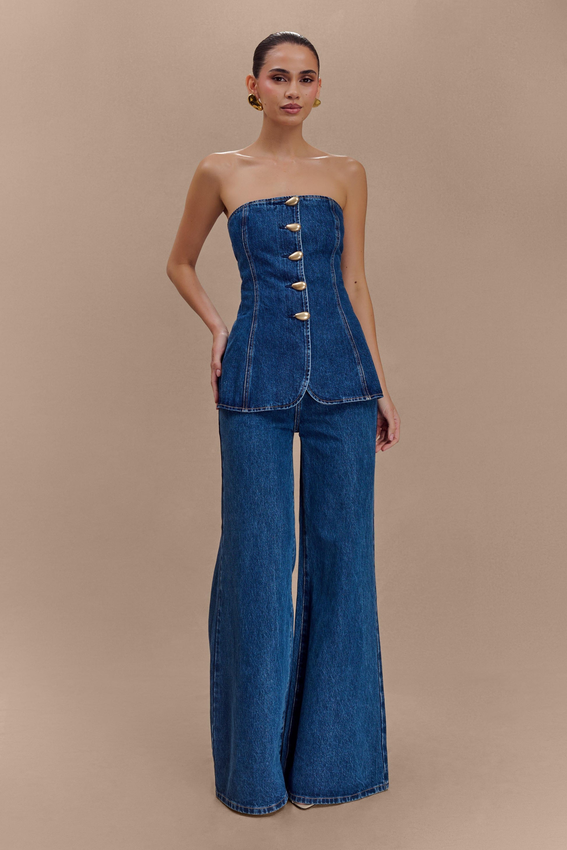 Lennox Strapless Long Line Button Top - Dark Blue #3