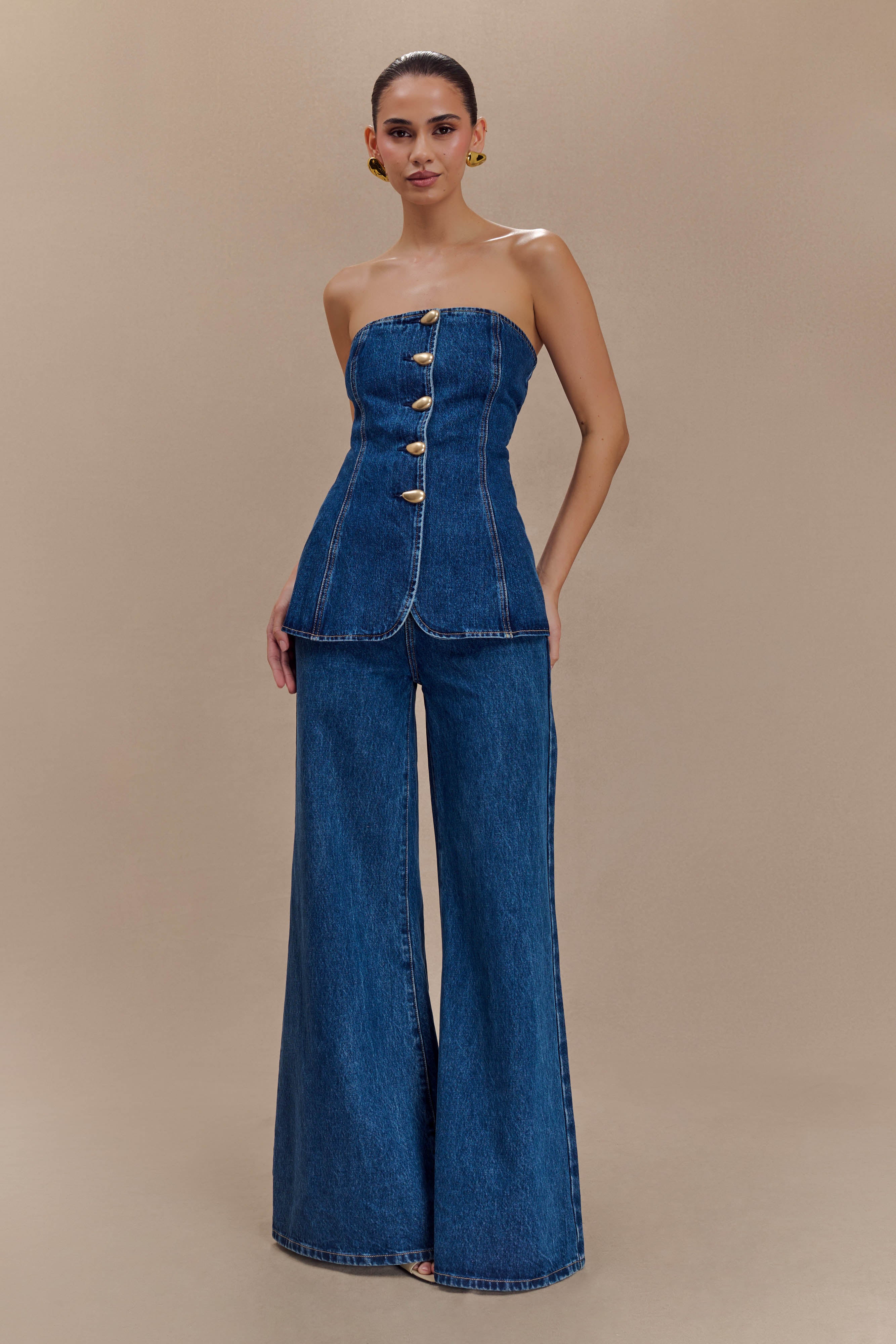 Jen Wide Leg Flare Denim Jeans - Dark Blue | MESHKI UK