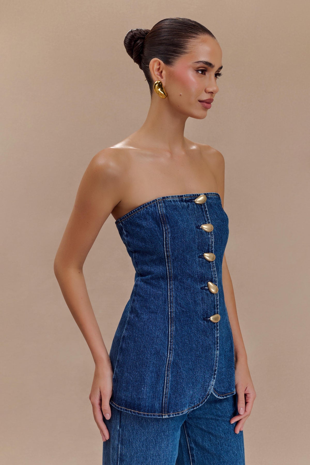 Lennox Strapless Long Line Button Top - Dark Blue #2