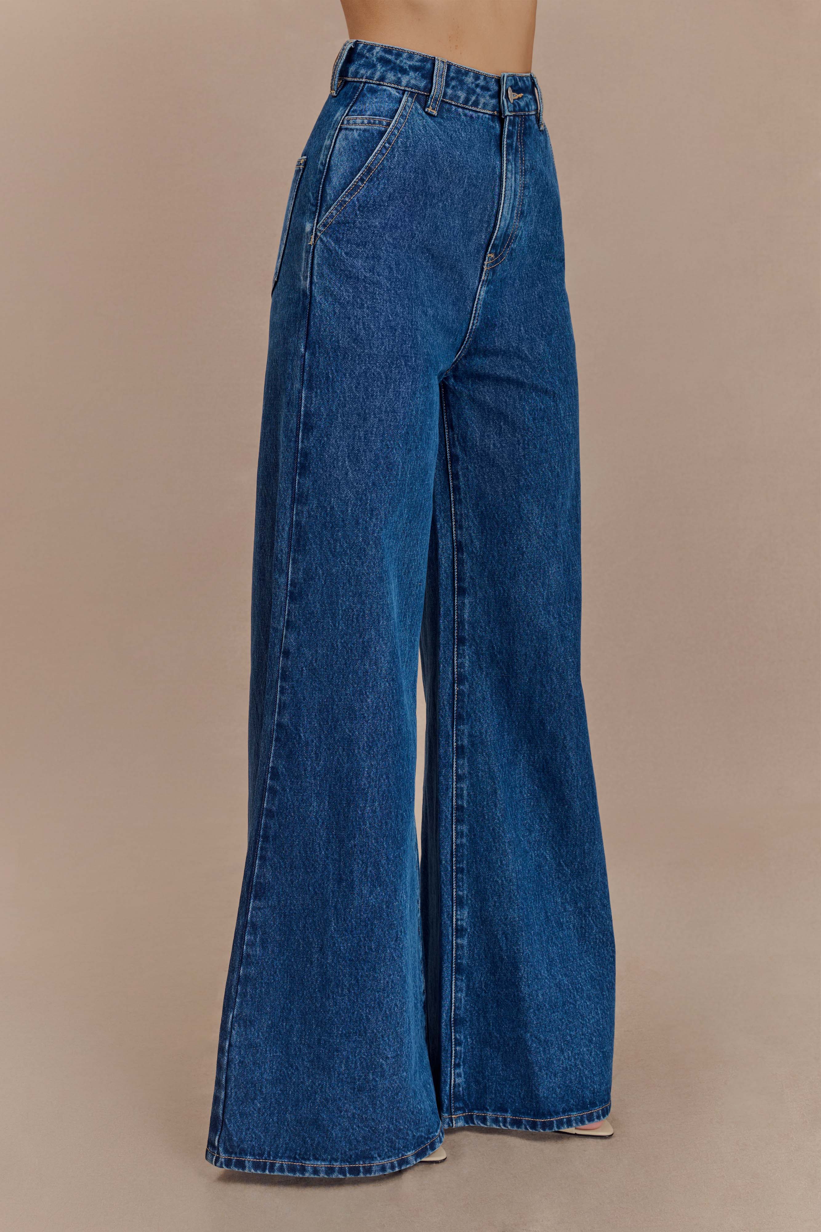 Jen Wide Leg Flare Denim Jeans - Dark Blue | MESHKI UK