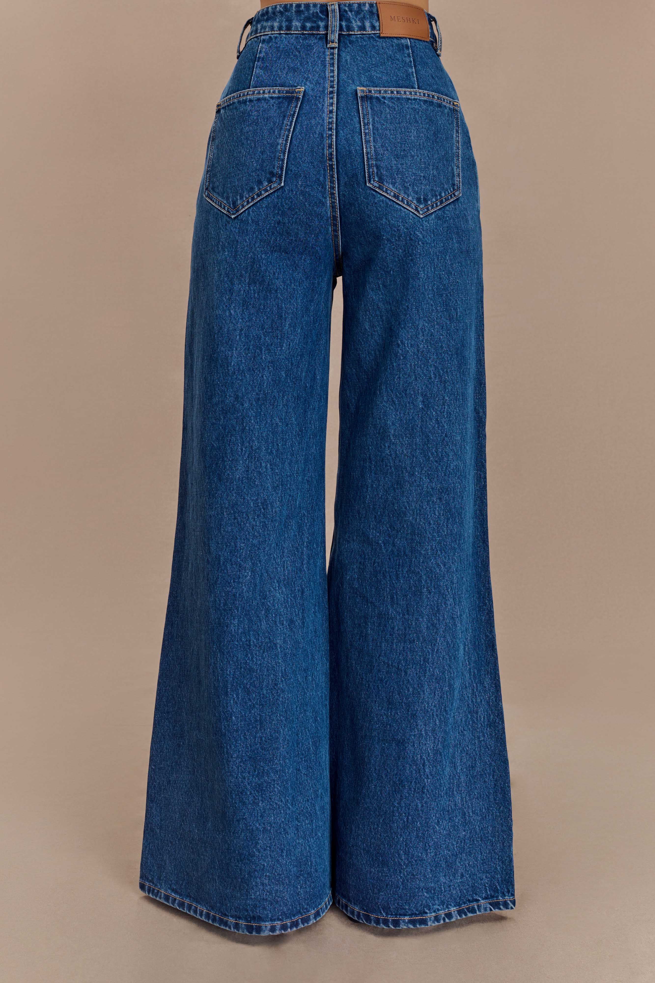 Ribbon Straight Flare Denim Pants Sサイズ Jen Wide Leg Flare Denim Jeans - Dark Blue | MESHKI UK