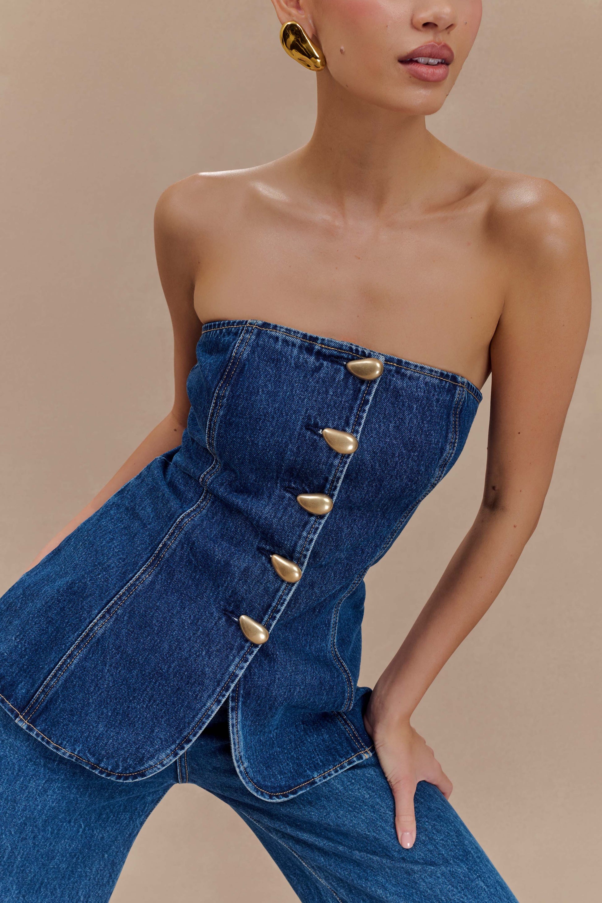 Lennox Strapless Long Line Button Top - Dark Blue #4