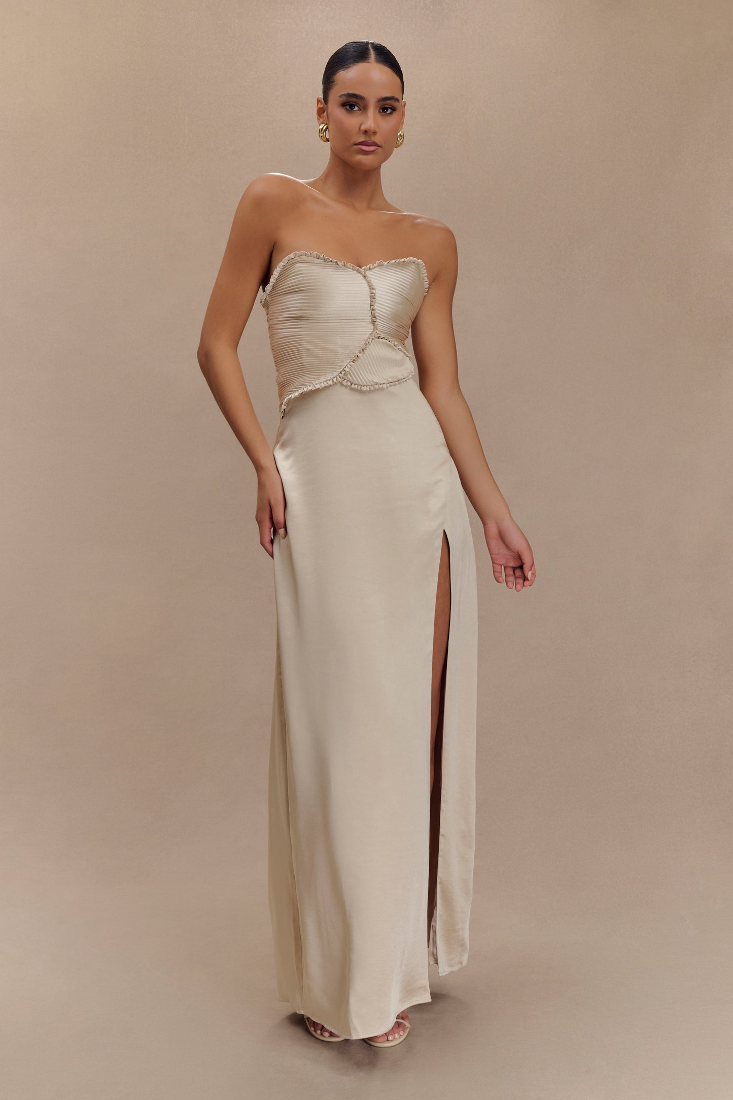 Larissa Satin Maxi Dress With Ruched Petals - Champagne