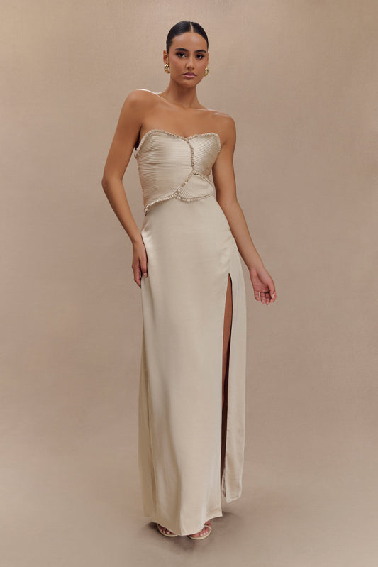 Larissa Satin Maxi Dress With Ruched Petals - Blush Gold