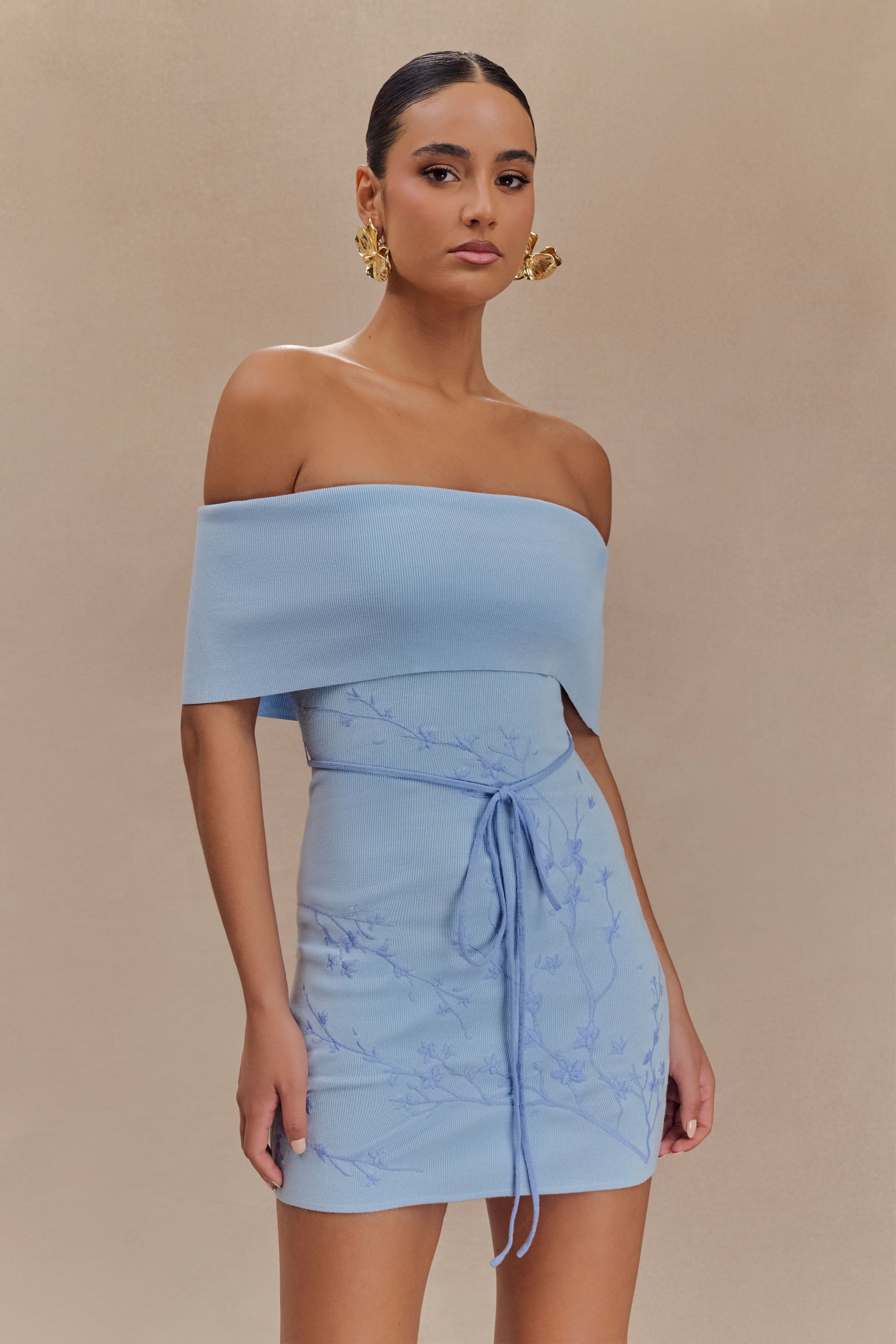 Mallory Off Shoulder Embroidered Knit Mini Dress - Ice Blue #5