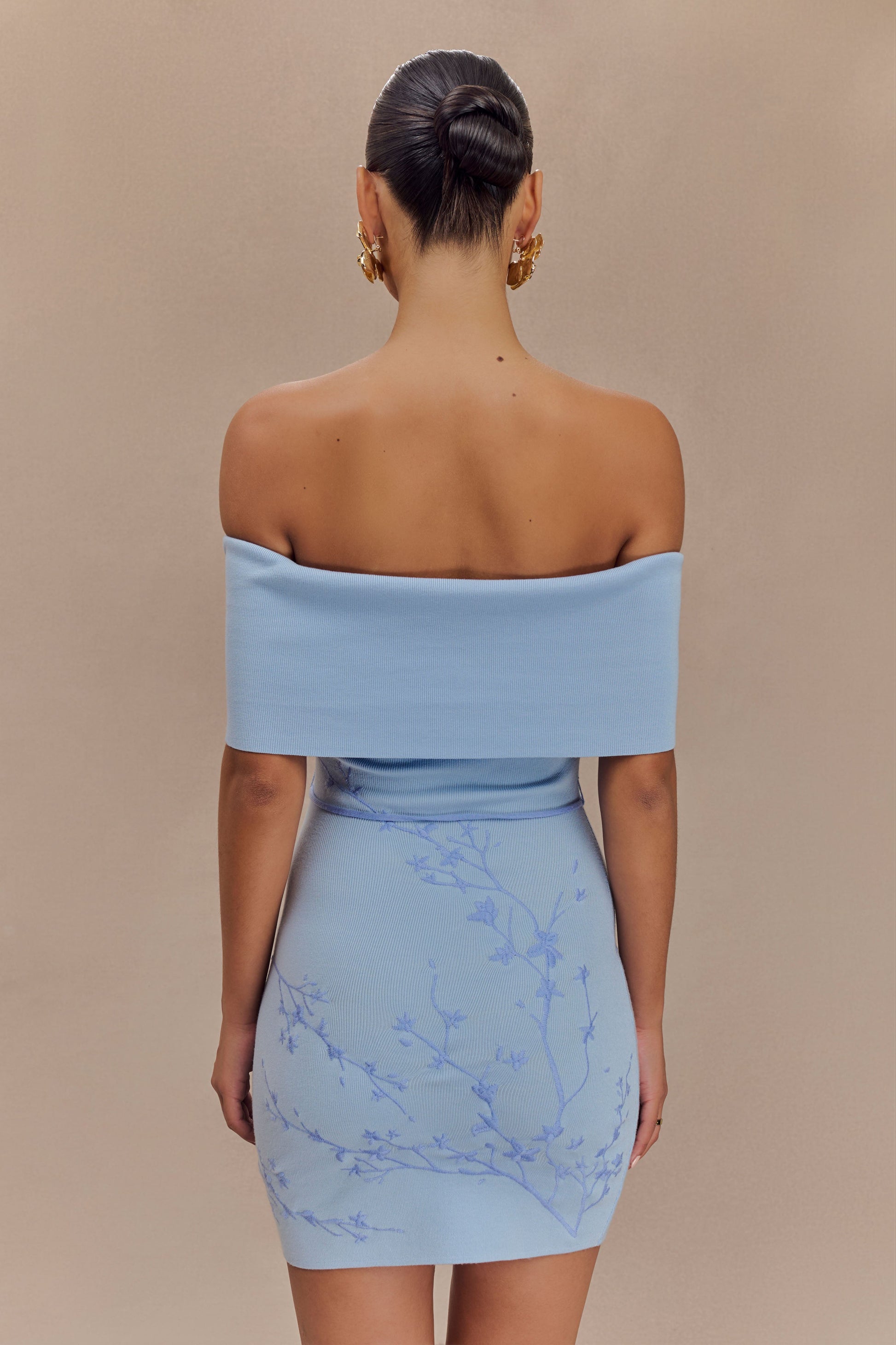 Mallory Off Shoulder Embroidered Knit Mini Dress - Ice Blue #6