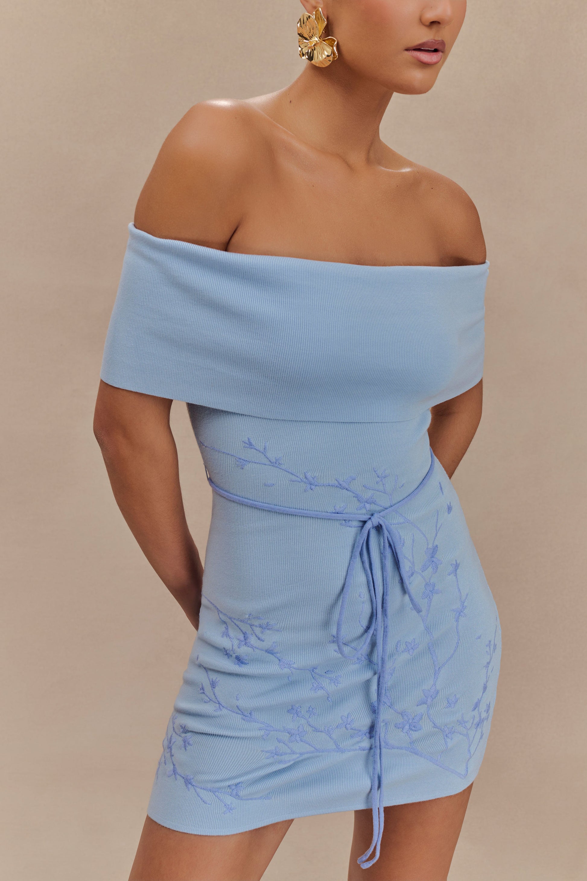 Mallory Off Shoulder Embroidered Knit Mini Dress - Ice Blue #4