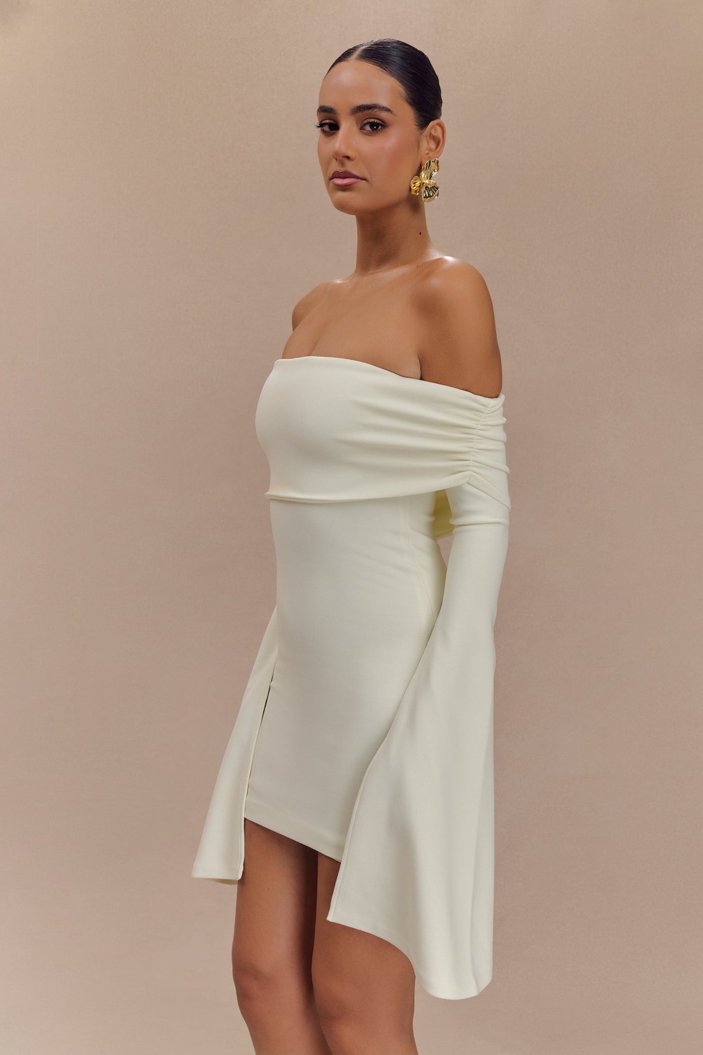 Dominique Off Shoulder Long Sleeve Mini Dress - Ivory