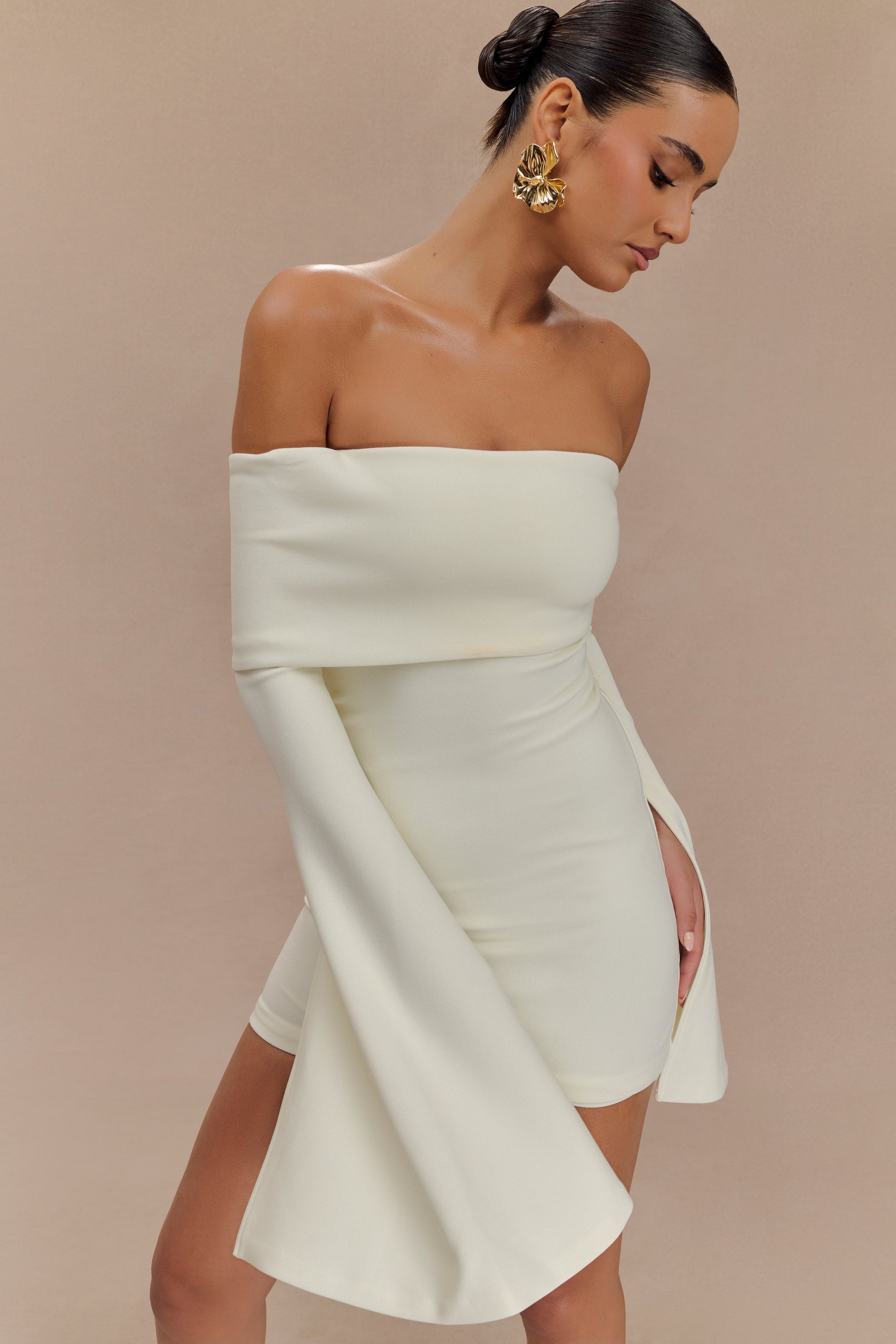 Dominique Off Shoulder Long Sleeve Mini Dress - Ivory #3