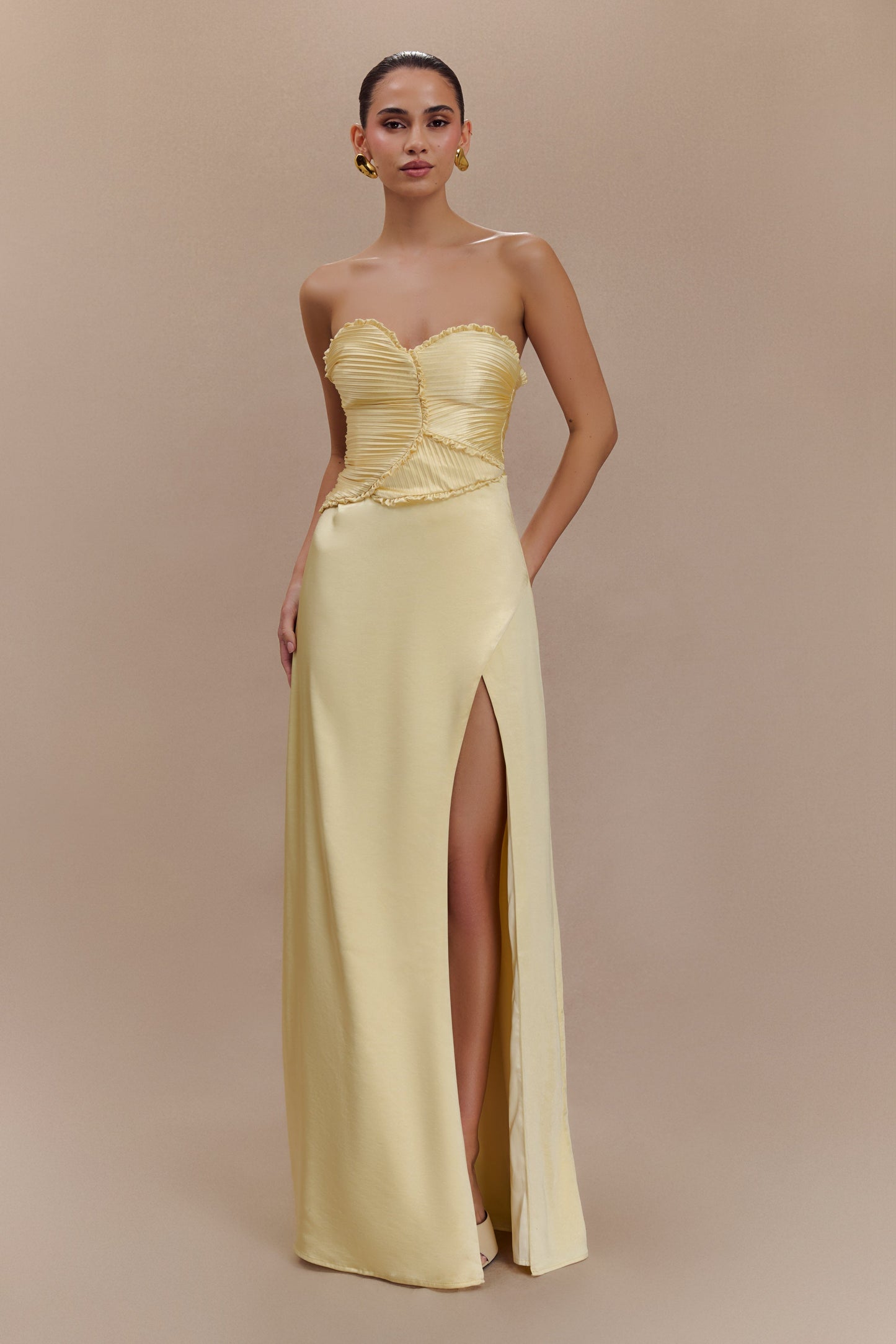 Larissa Satin Maxi Dress With Ruched Petals - Lemon