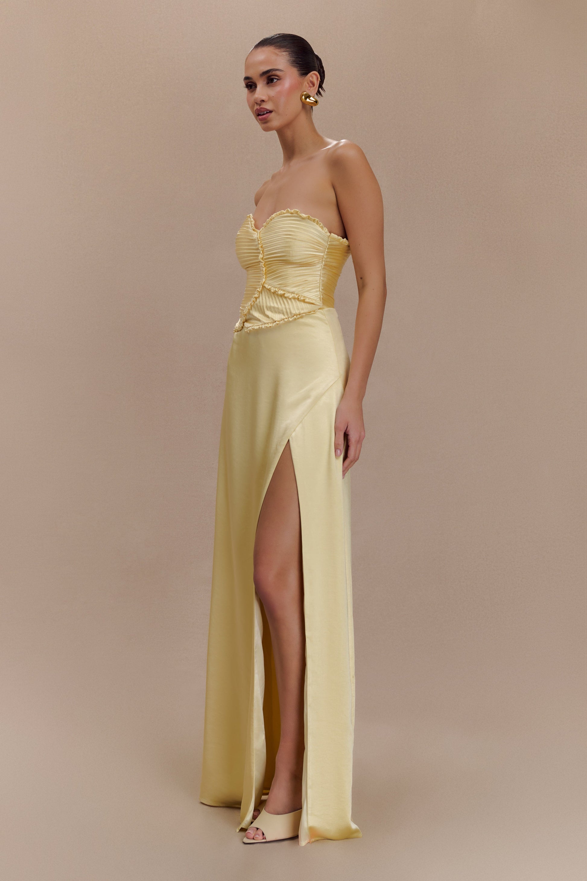 Larissa Satin Maxi Dress With Ruched Petals - Lemon #3