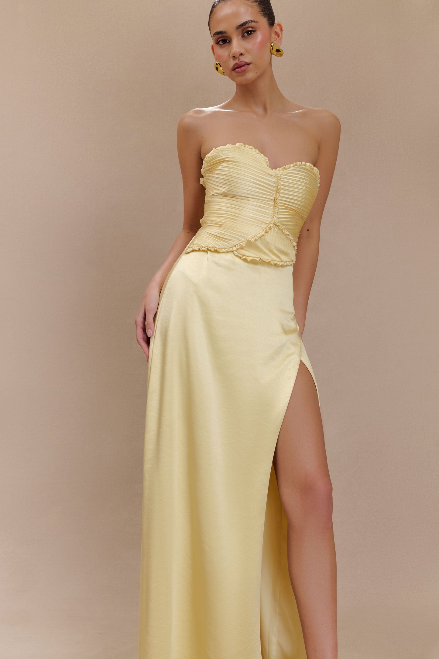 Larissa Satin Maxi Dress With Ruched Petals - Lemon