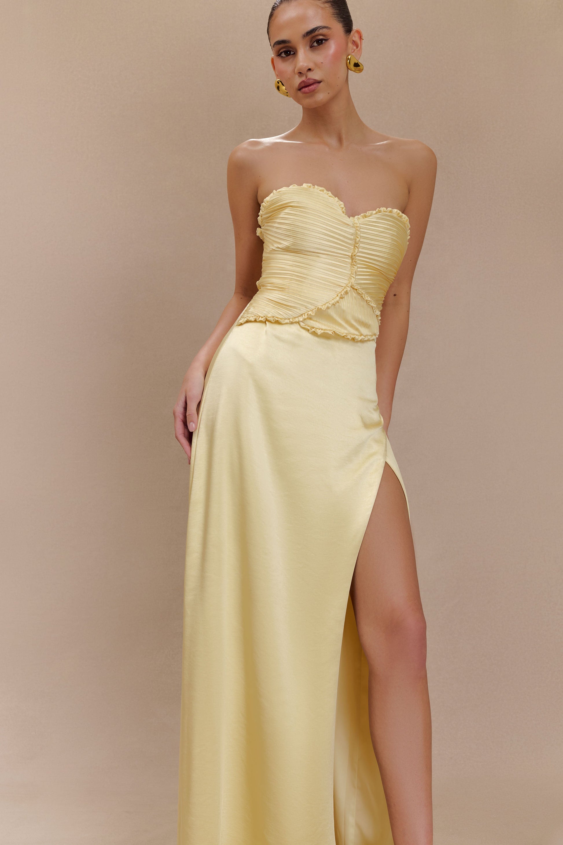 Larissa Satin Maxi Dress With Ruched Petals - Lemon #5