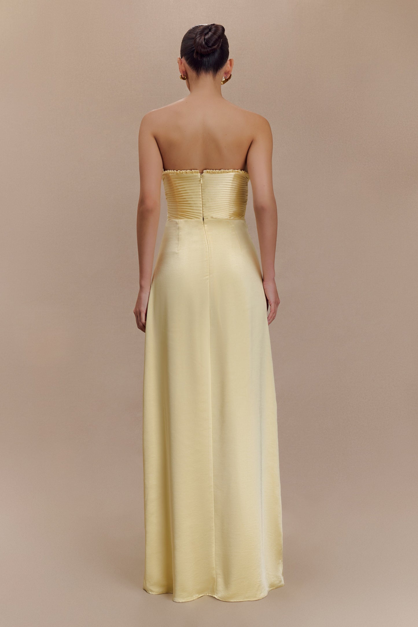 Larissa Satin Maxi Dress With Ruched Petals - Lemon